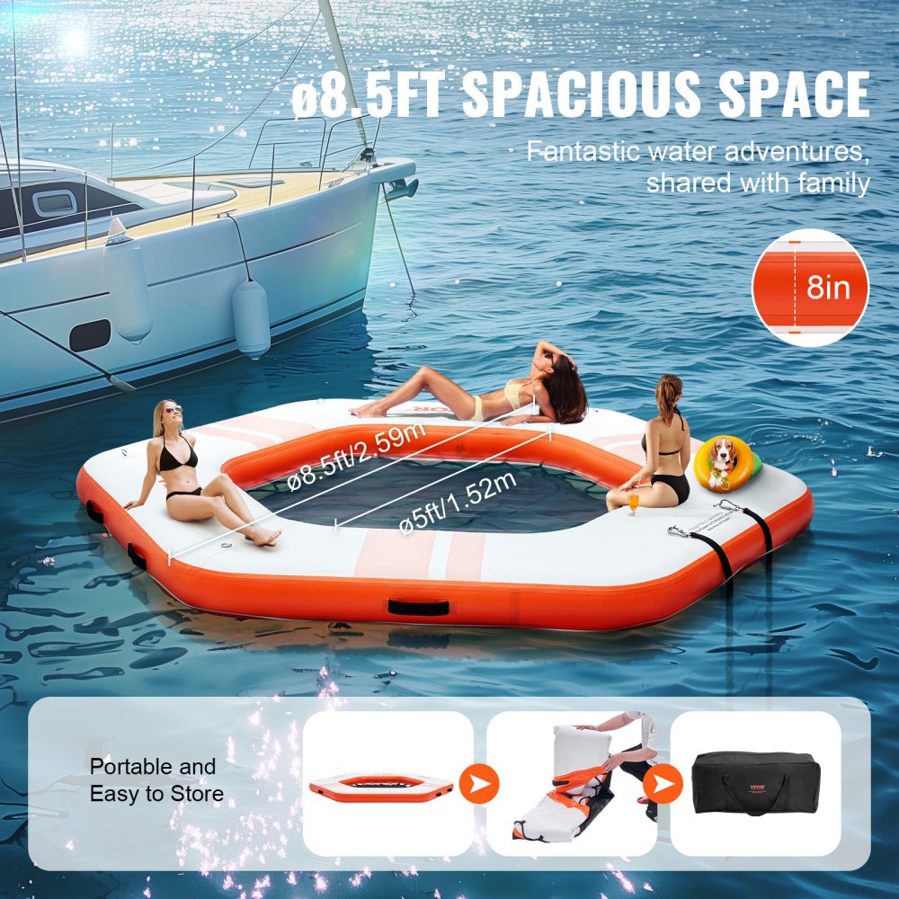 VEVOR Inflatable Floating Dock, ø8.5FT Inflatable Dock Platform with ...