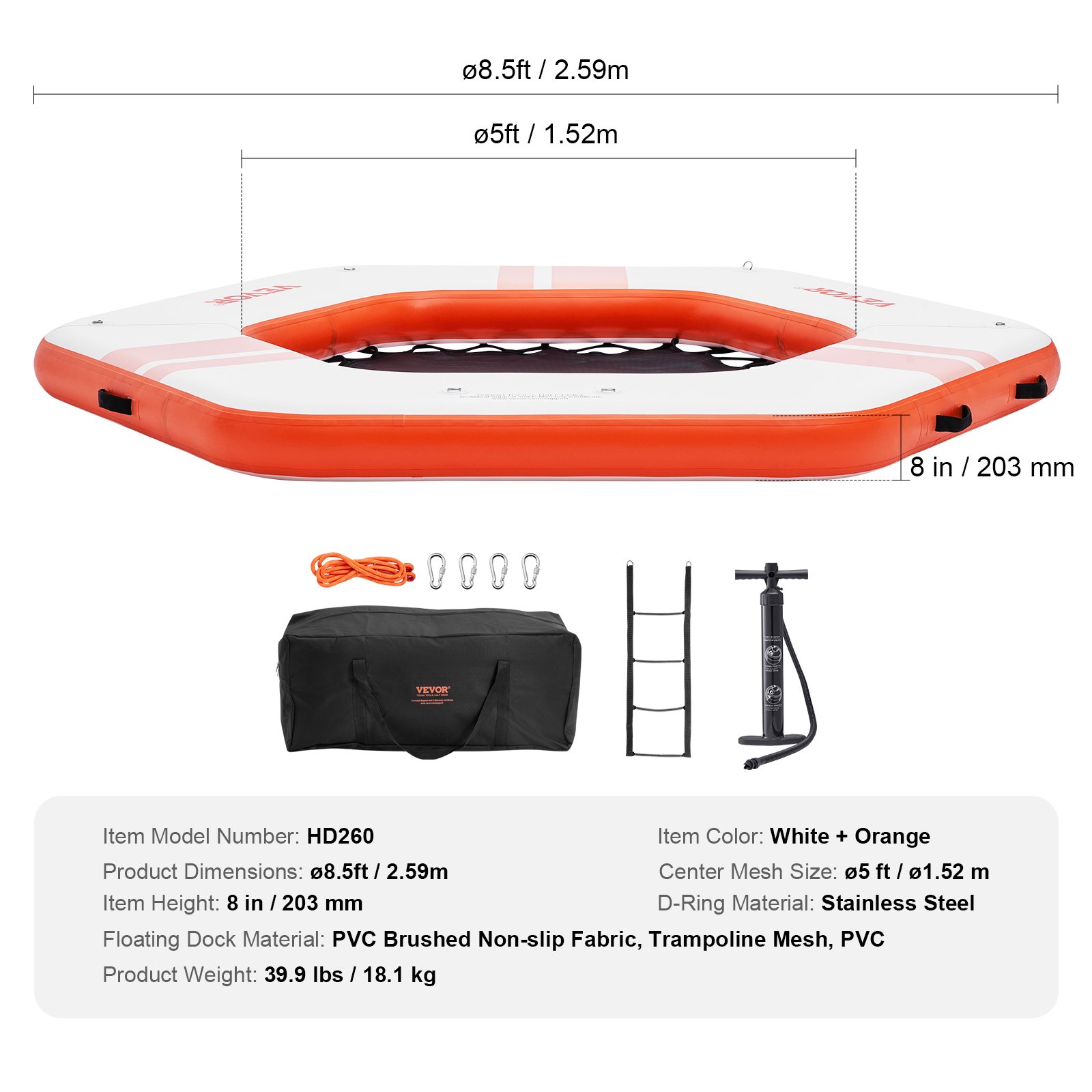 VEVOR Inflatable Floating Dock, ø8.5FT Inflatable Dock Platform with