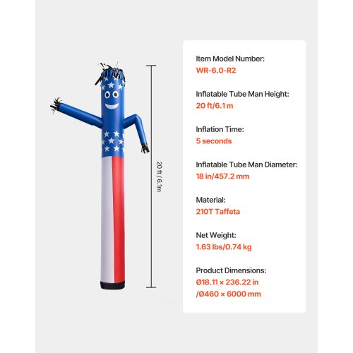 VEVOR Inflatable Wacky Tube Man – 20ft, 210T Taffeta, 18Inch