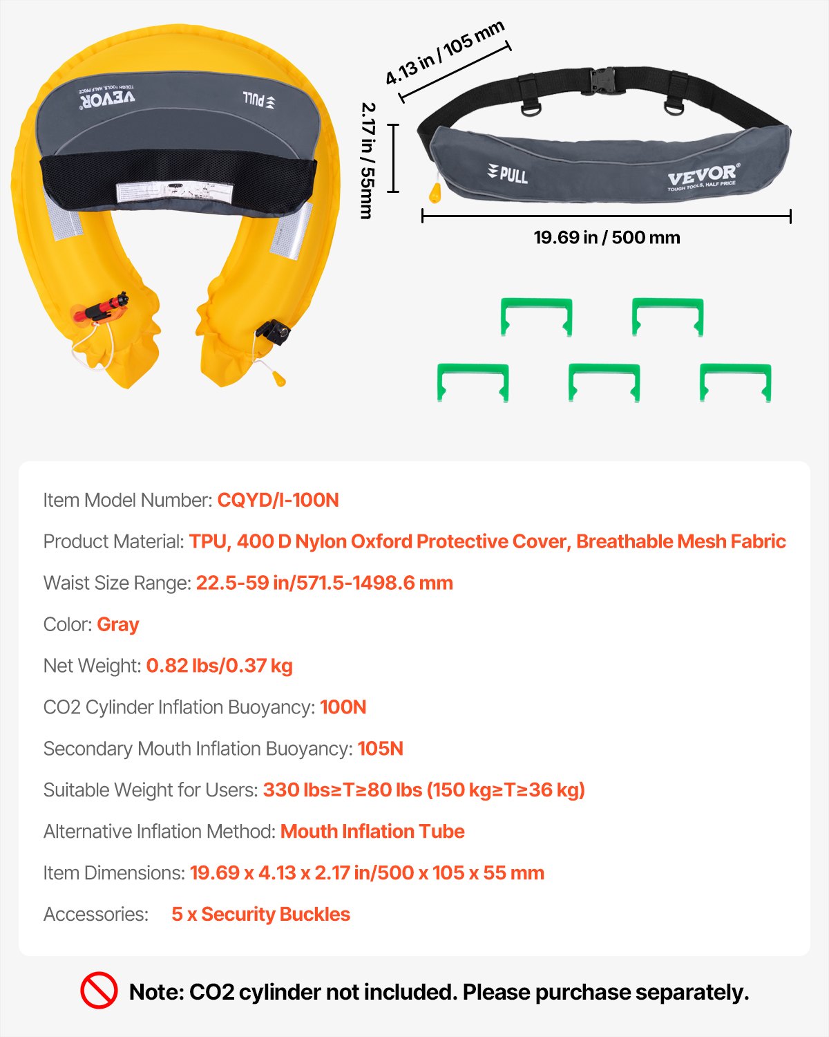 Belt Inflatable Pfd VEVOR Inflatable PFD Belt – 105N Manual Belt Pack Adjustable