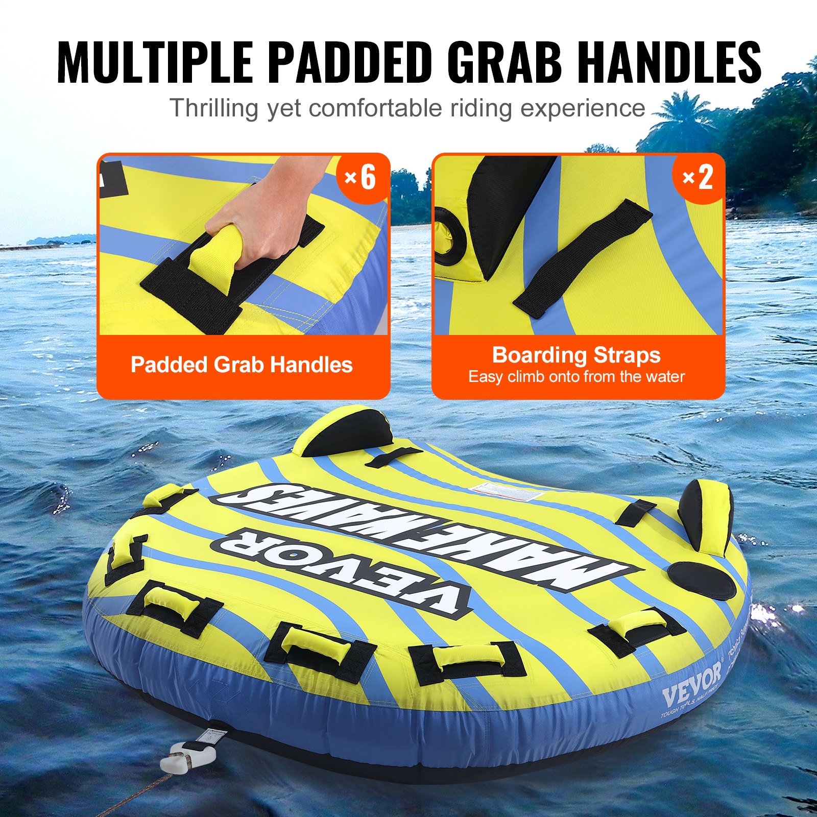 Long Inflatable Tubes VEVOR Towable Tube for Boating, 1-3 Riders Inflatable Towable Tube with ...