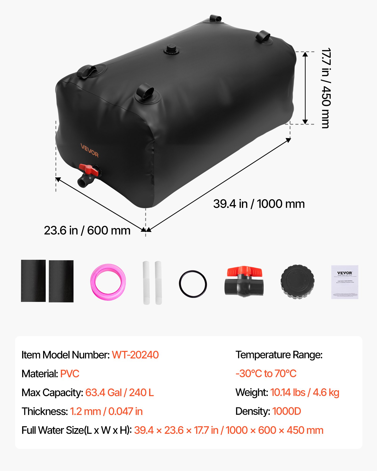 VEVOR RV Water Storage Bladder – 63.4 Gal (240 L), 1000D PVC