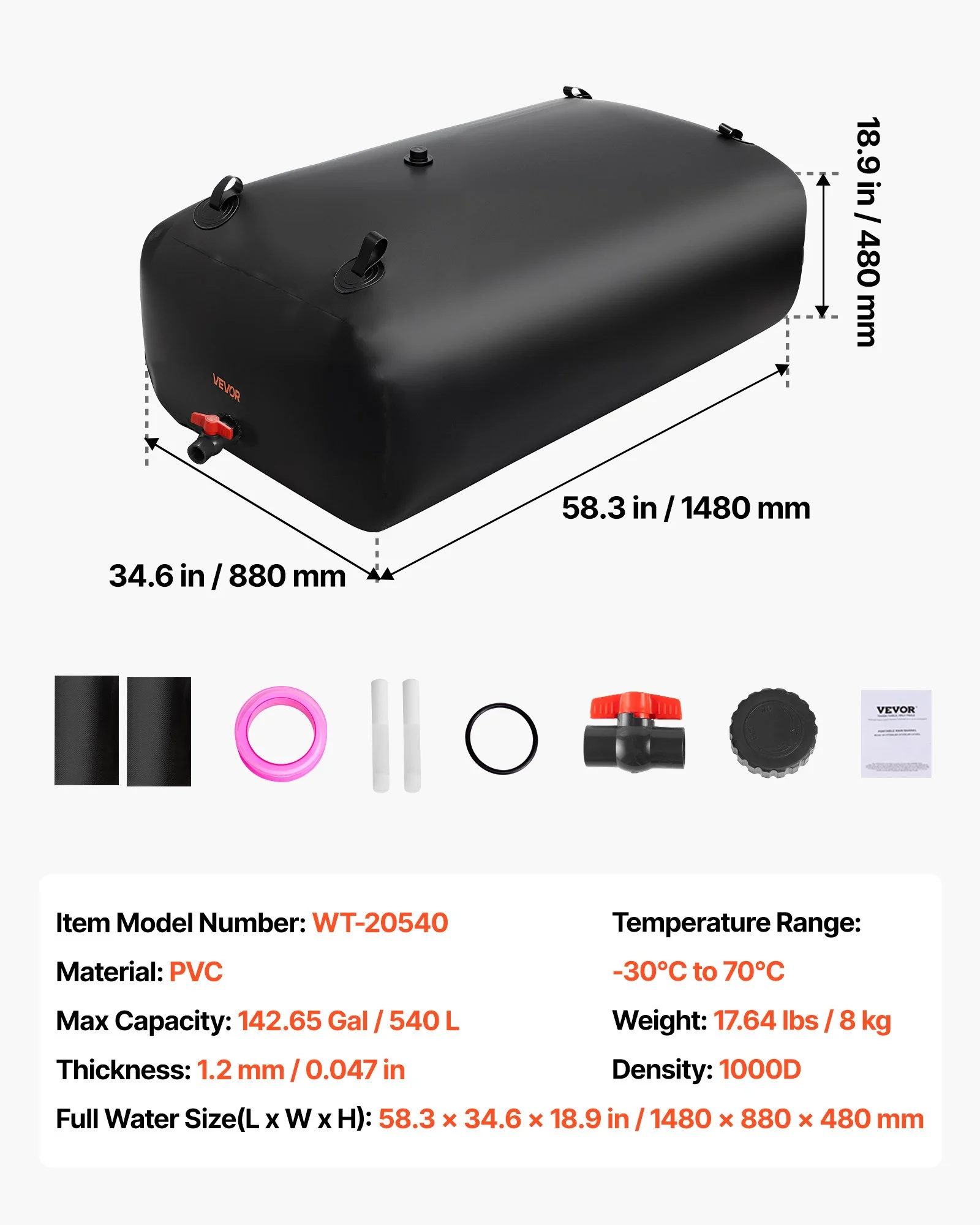 VEVOR Portable Water Storage Bladder – 142.7 Gal, 1000D PVC