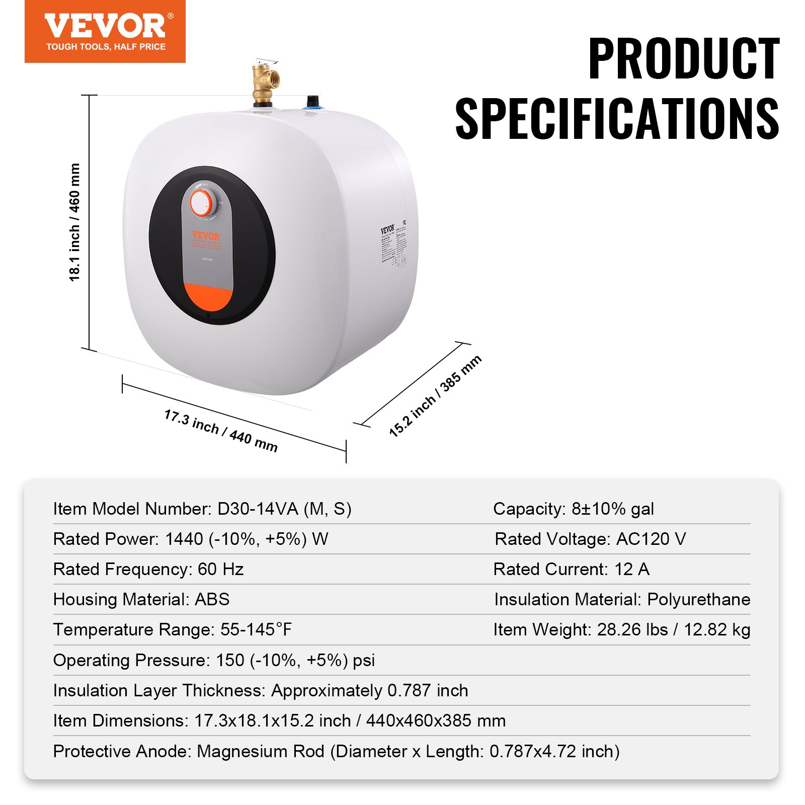 VEVOR Electric MiniTank Water Heater, 8Gallon Tank Hot Water Boiler