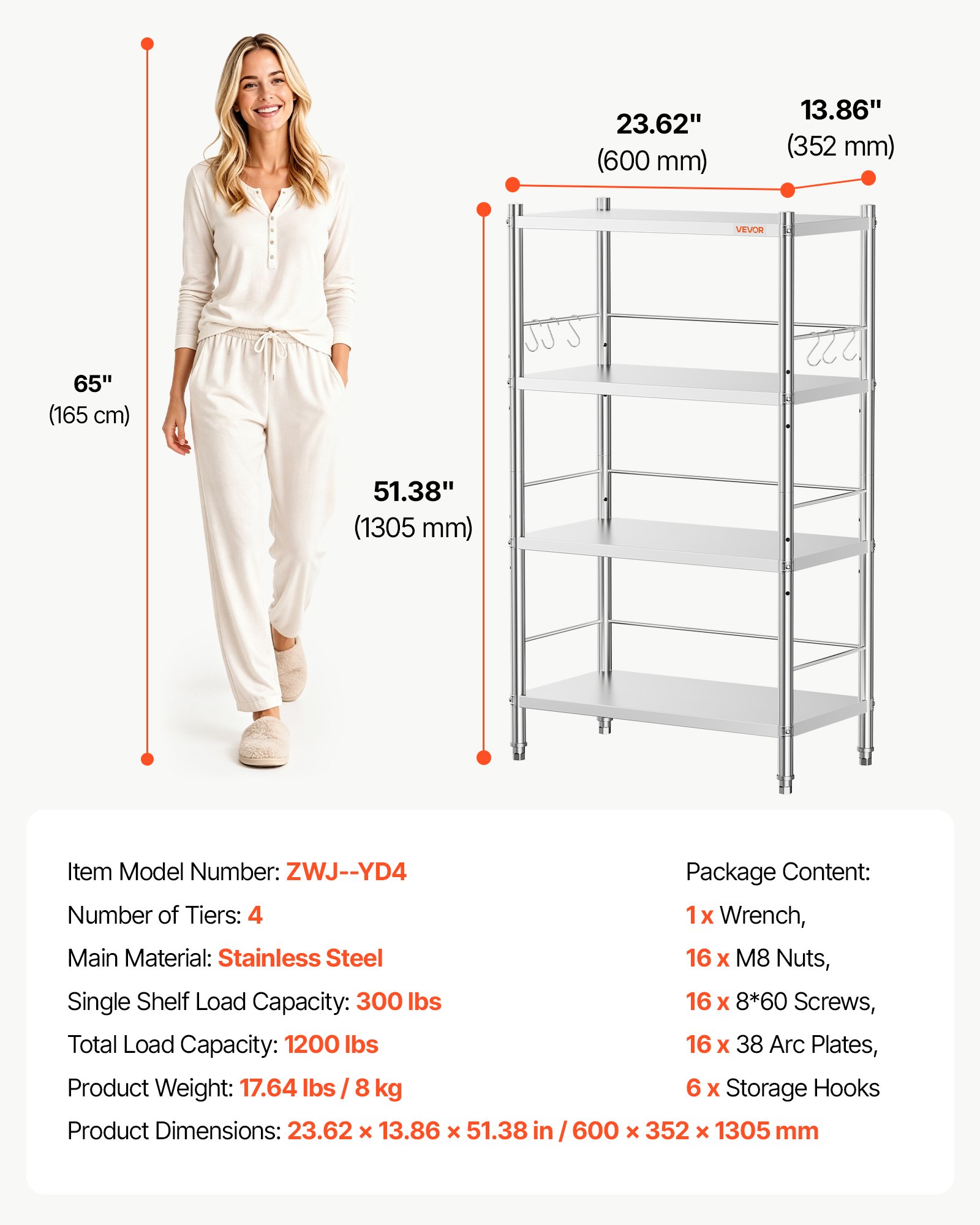 VEVOR Stainless Steel Shelving 4-Tier 23.6 x 13.9 x 51.4 in Storage ...