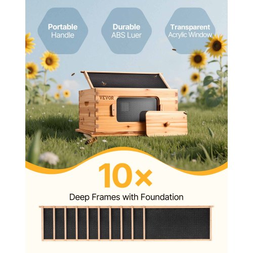 VEVOR Bee Hive Deep Box Starter Kit, 100% Beeswax Coated Natural