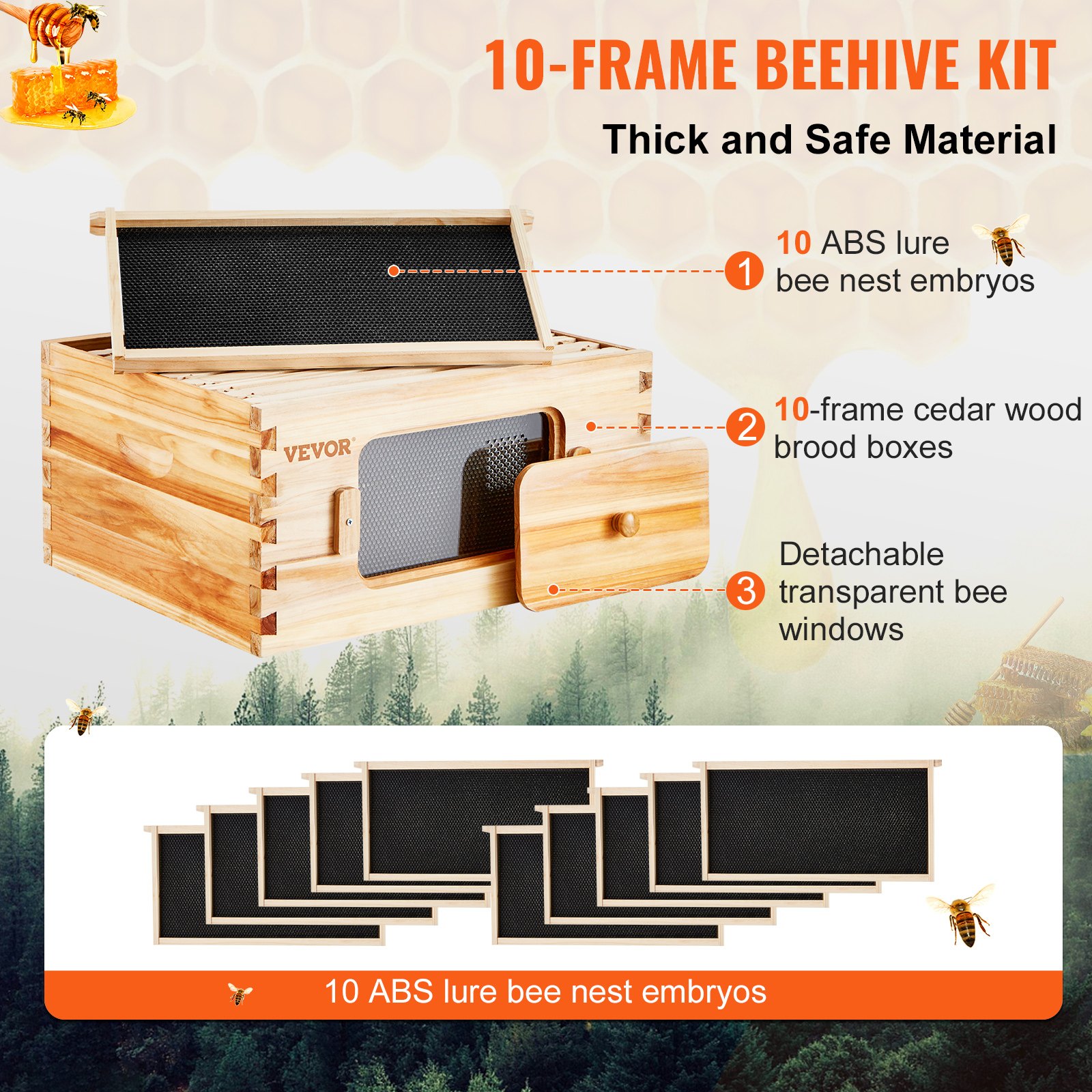 Bee Window Box VEVOR Bee Hive Deep Box Starter Kit, 100% Beeswax Coated Natural Cedar ...