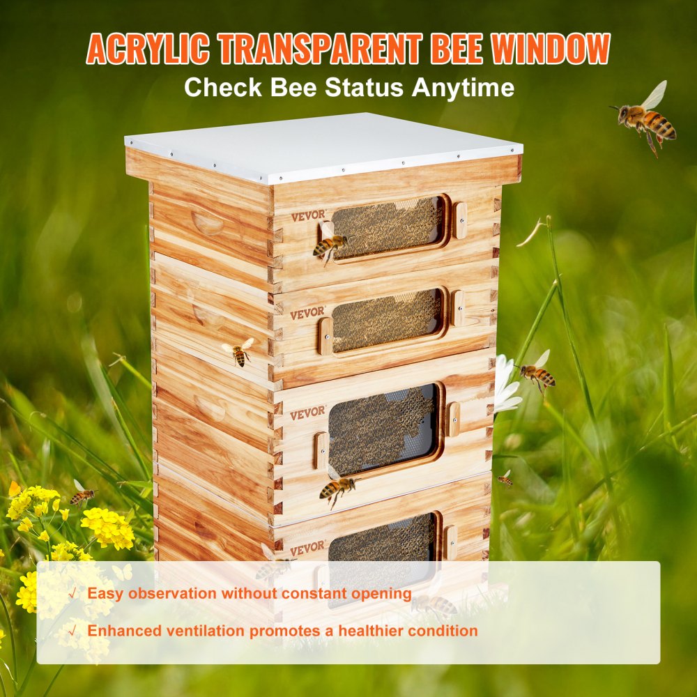 Bee Window Box VEVOR Bee Hive 40 Frame Bee Hives Starter Kit, Beeswax Coated Cedar ...