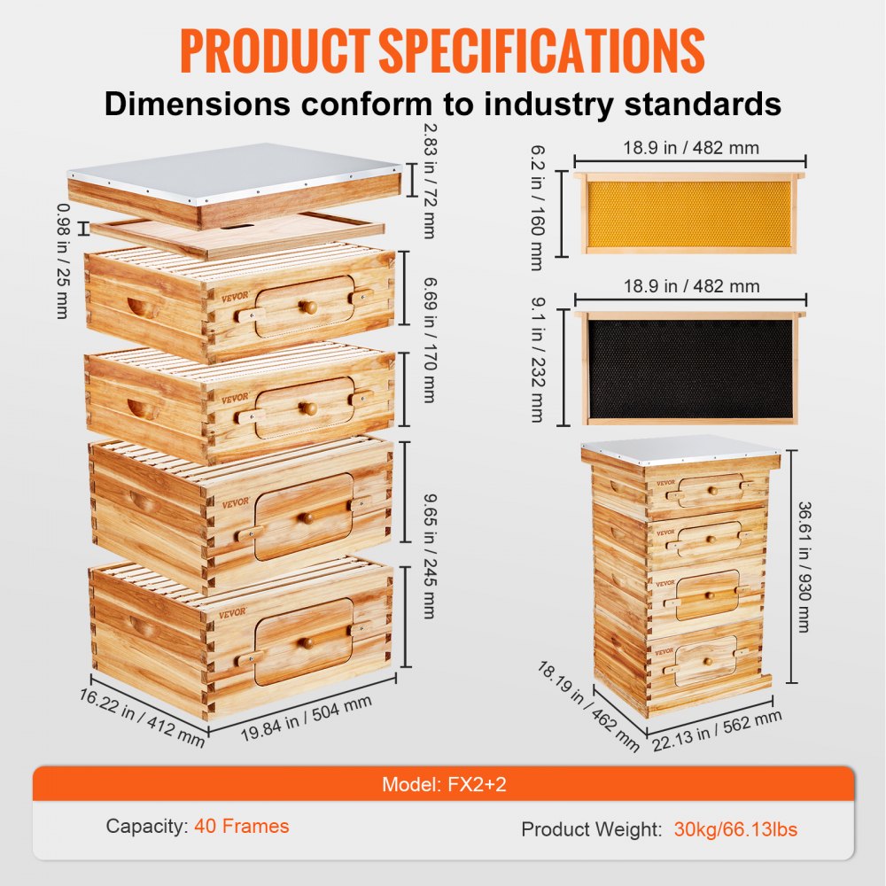 Bee Framelayout VEVOR Bee Hive 40 Frame Bee Hives Starter Kit, Beeswax Coated Cedar ...