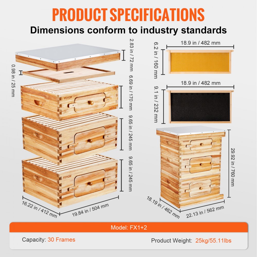 VEVOR Bee Hive 30 Frame Bee Hives Starter Kit, Beeswax Coated Cedar ...