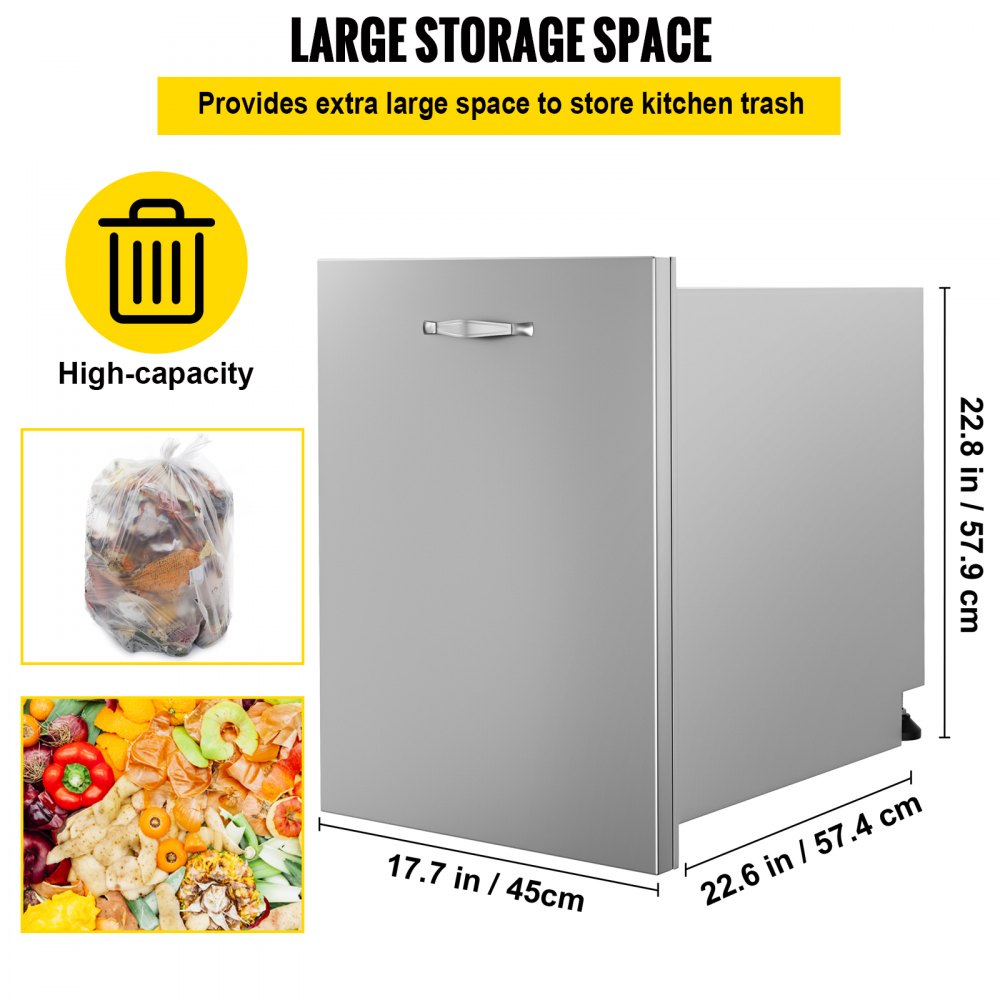VEVOR Pull Out Trash Drawer 17.7x22.8 Inch Raised Style Trash Bin with PullOut Tray Stainless