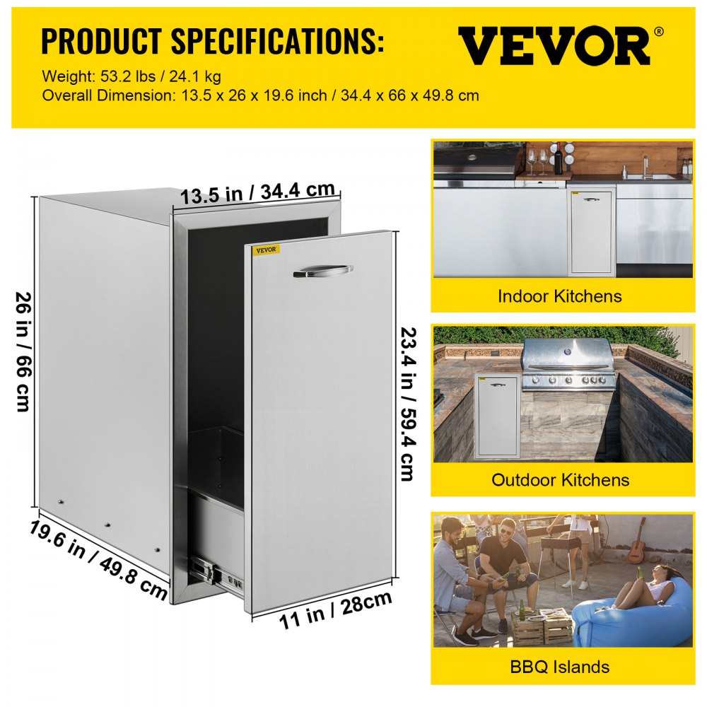 VEVOR Pull Out Trash Drawer 13.6Wx26Hx19.3D Inch Lower Sliding Rails