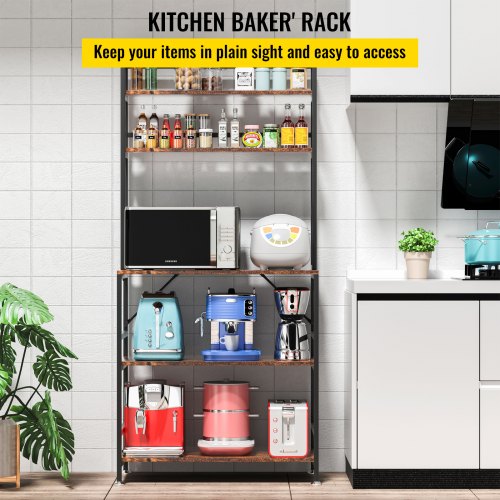 VEVOR Kitchen Baker's Rack, 5-Tier Microwave Stand with 6 Hooks Utility ...