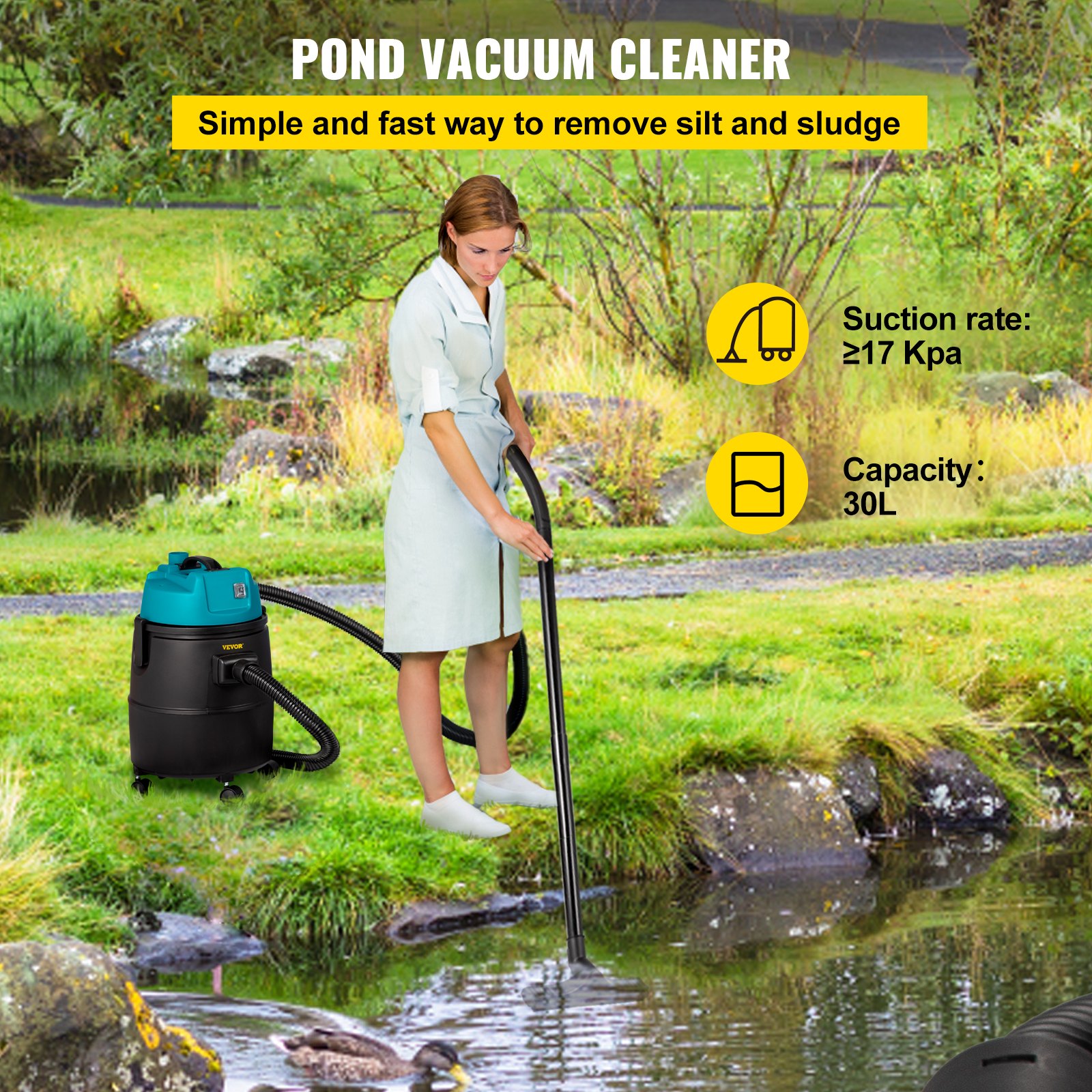 VEVOR Pond Vacuum Cleaner, 1400W Motor in Single Chamber Suction System