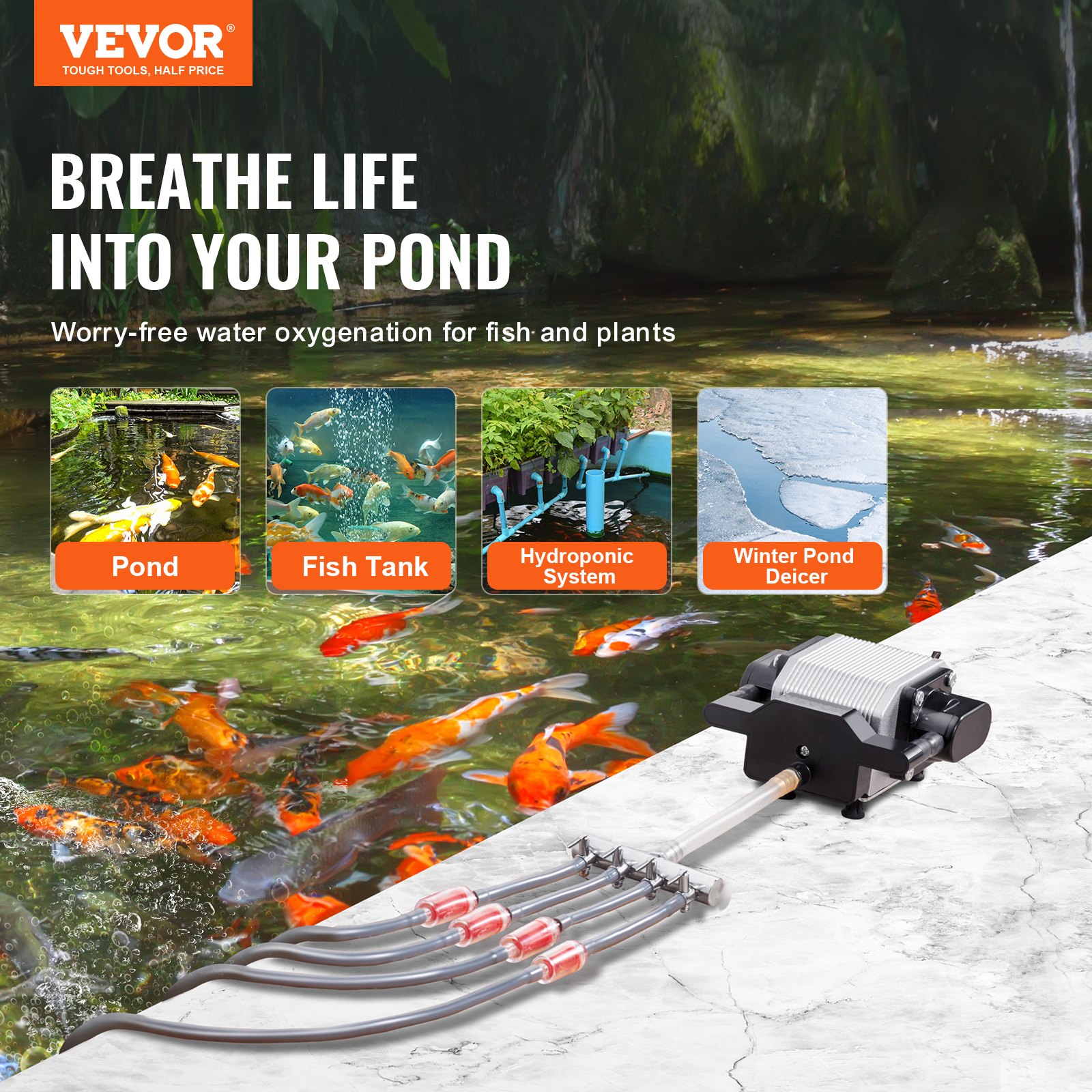 VEVOR Pond Aeration Kit, 4 Outlets Pond Aerator for up to 2000 Gallons