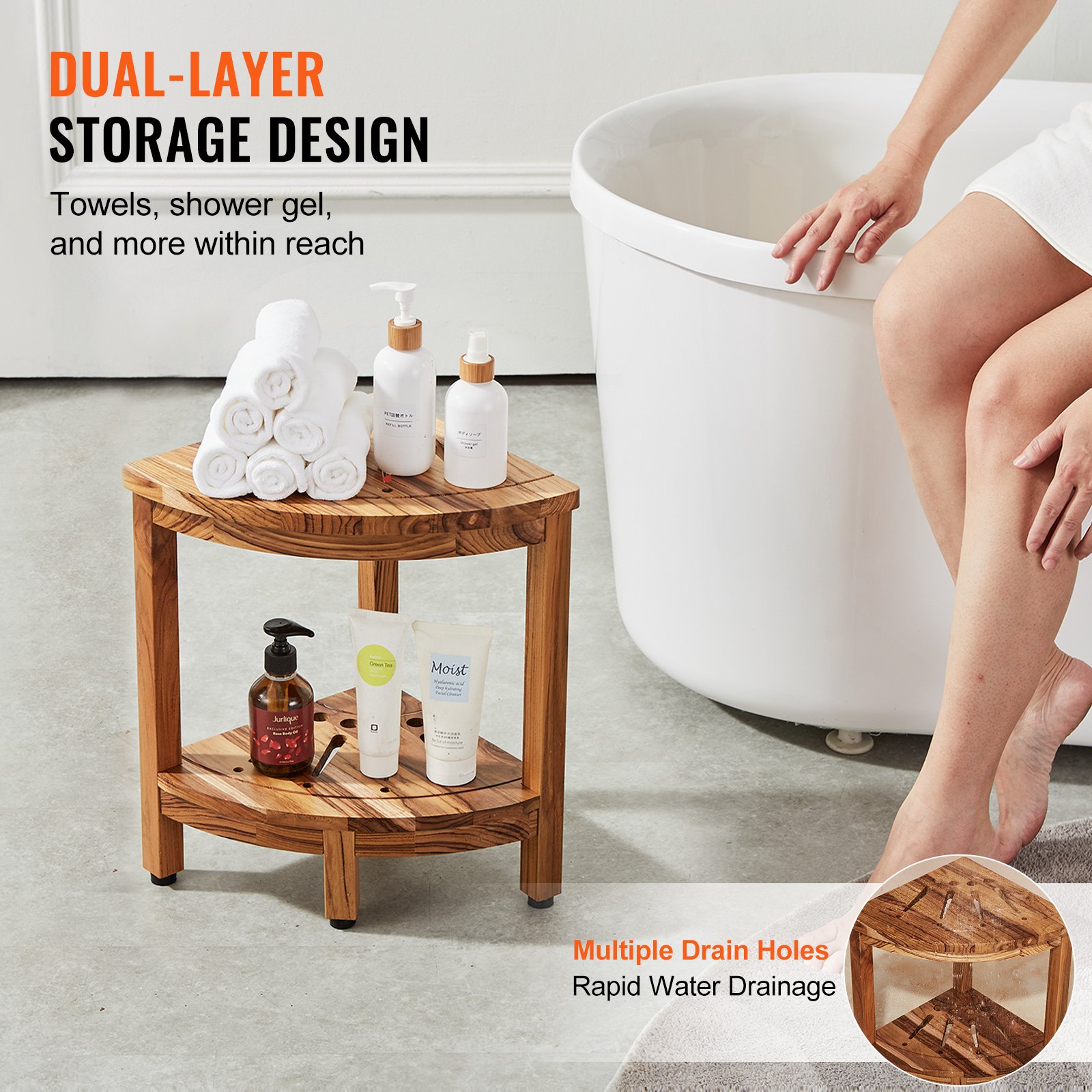VEVOR Corner Teak Shower Bench, 17" Height 12" Radius, 100% Teak Wood ...