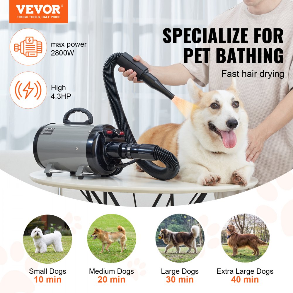 VEVOR Dog Dryer 2000W 2.7HP Dog Blow Dryer Pet Grooming Dryer