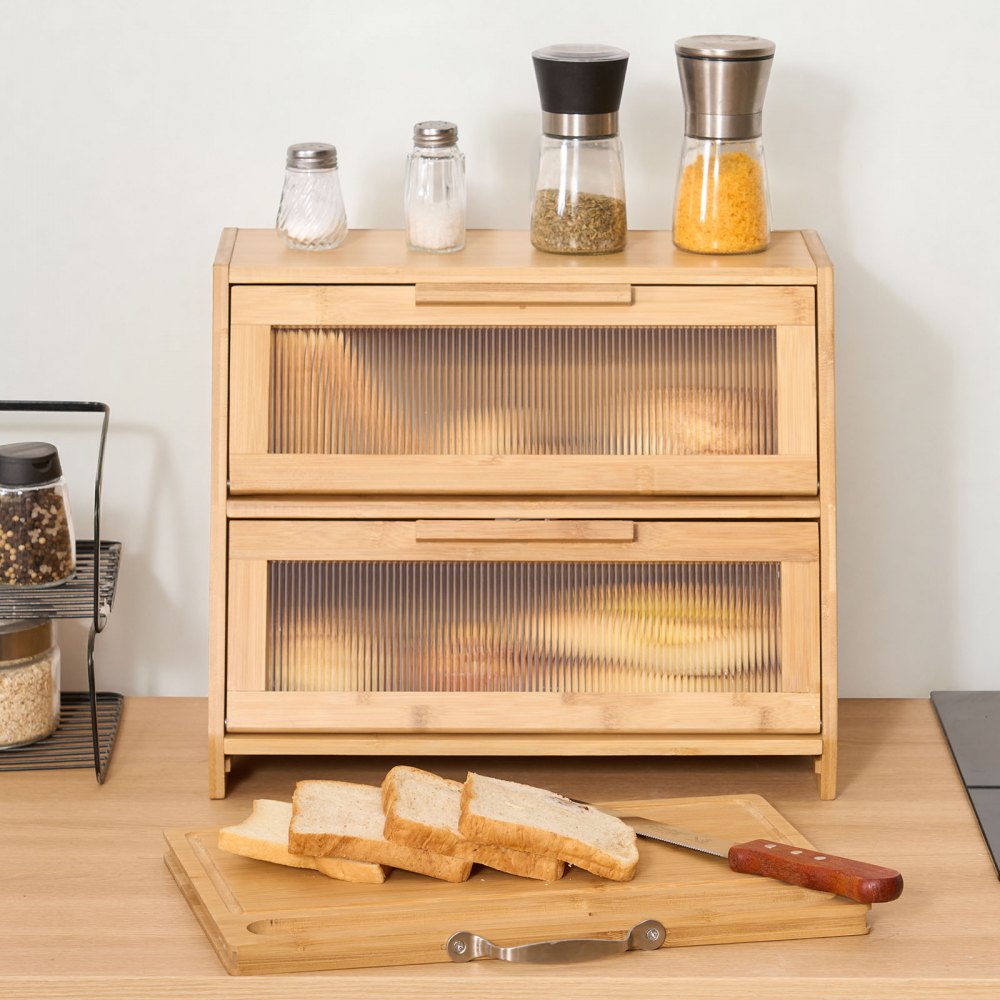 VEVOR Wooden Bread Box – Double-Layer Bamboo Storage