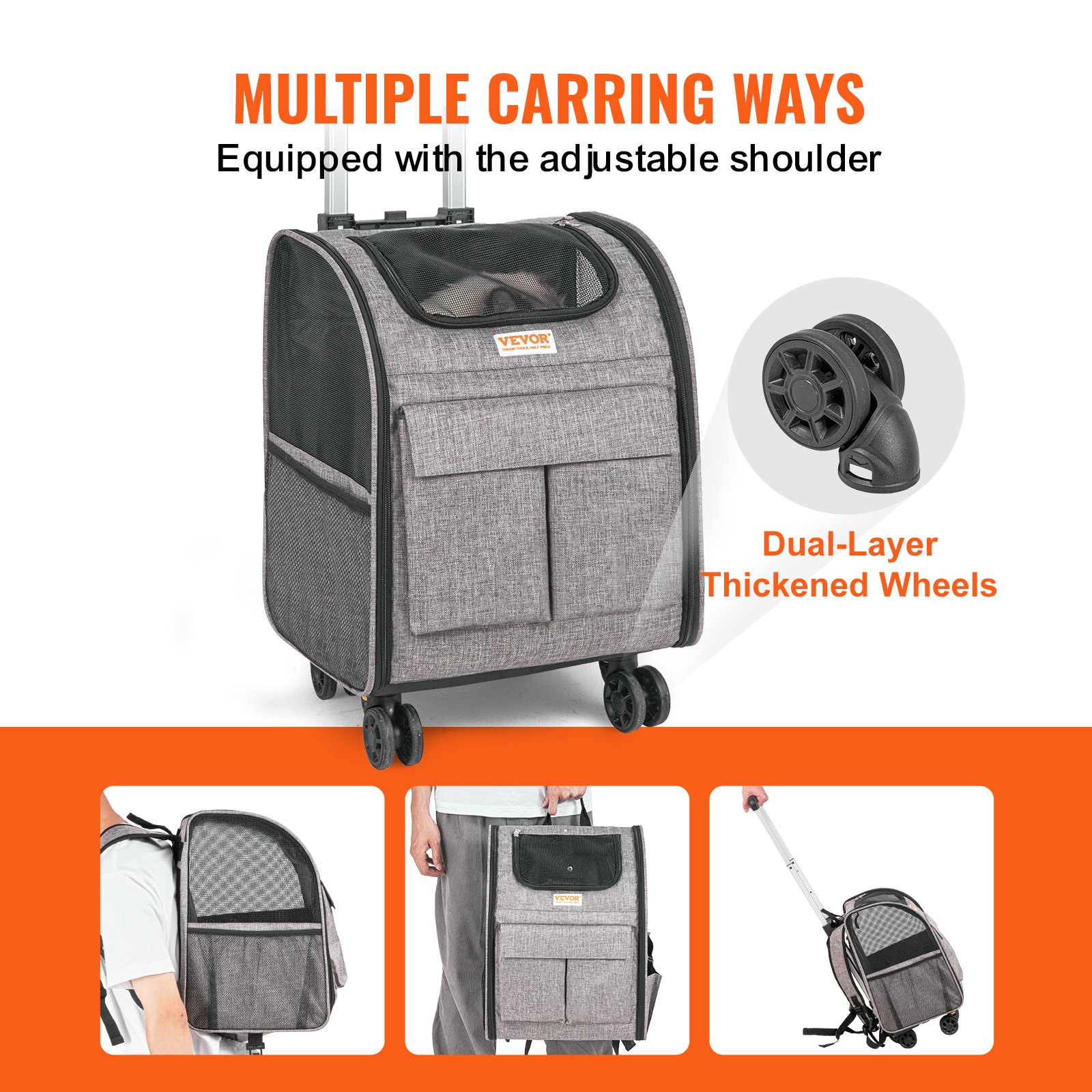 VEVOR Rolling Pet Carrier Backpack with Removable Wheels for Under