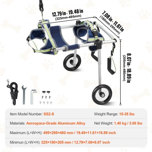 VEVOR 2 Wheels Dog Wheelchair for Back Legs, Pet Wheelchair