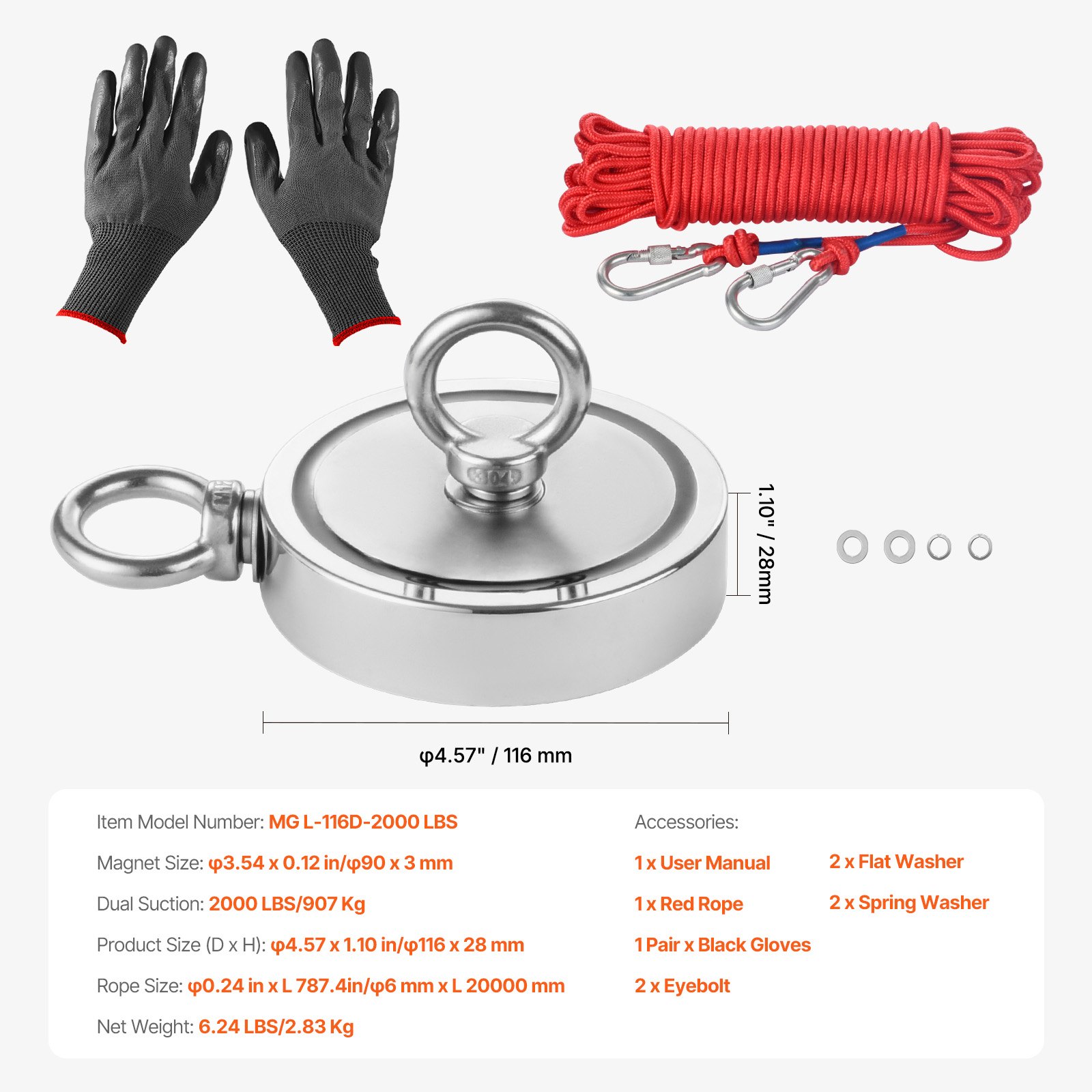2000 LBS Strong Fishing Magnet Kit Double Sided Pull Force and Rope ...