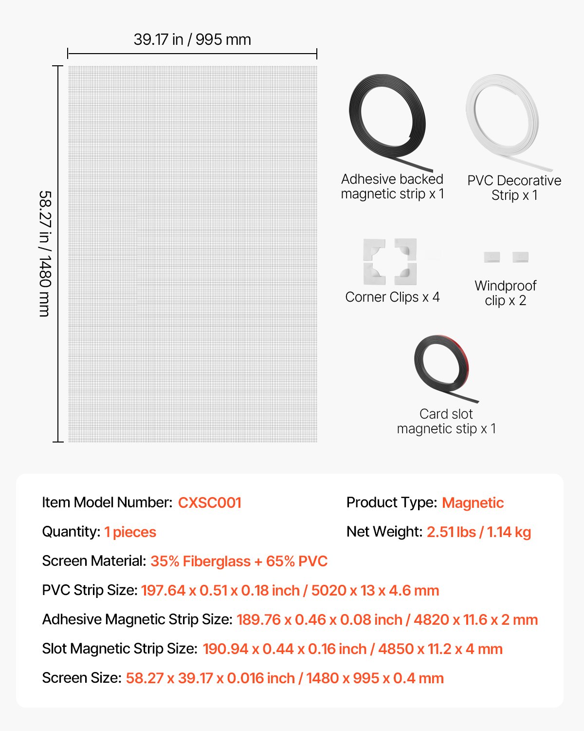 VEVOR Magnetic Window Screen, 58.27 x 39.17 inch PVC and Fiberglass ...