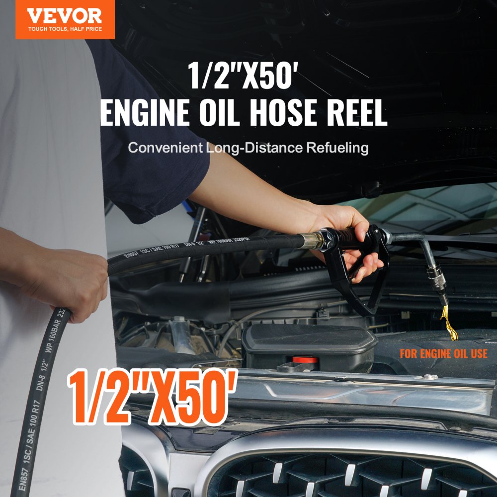 VEVOR Fuel Hose Reel, 1/2" x 50', Extra Long Retractable Machine Oil