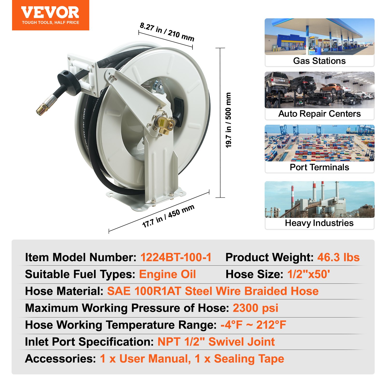 VEVOR Fuel Hose Reel, 1/2" x 50', Extra Long Retractable Machine Oil Hose Reel, Spring Driven