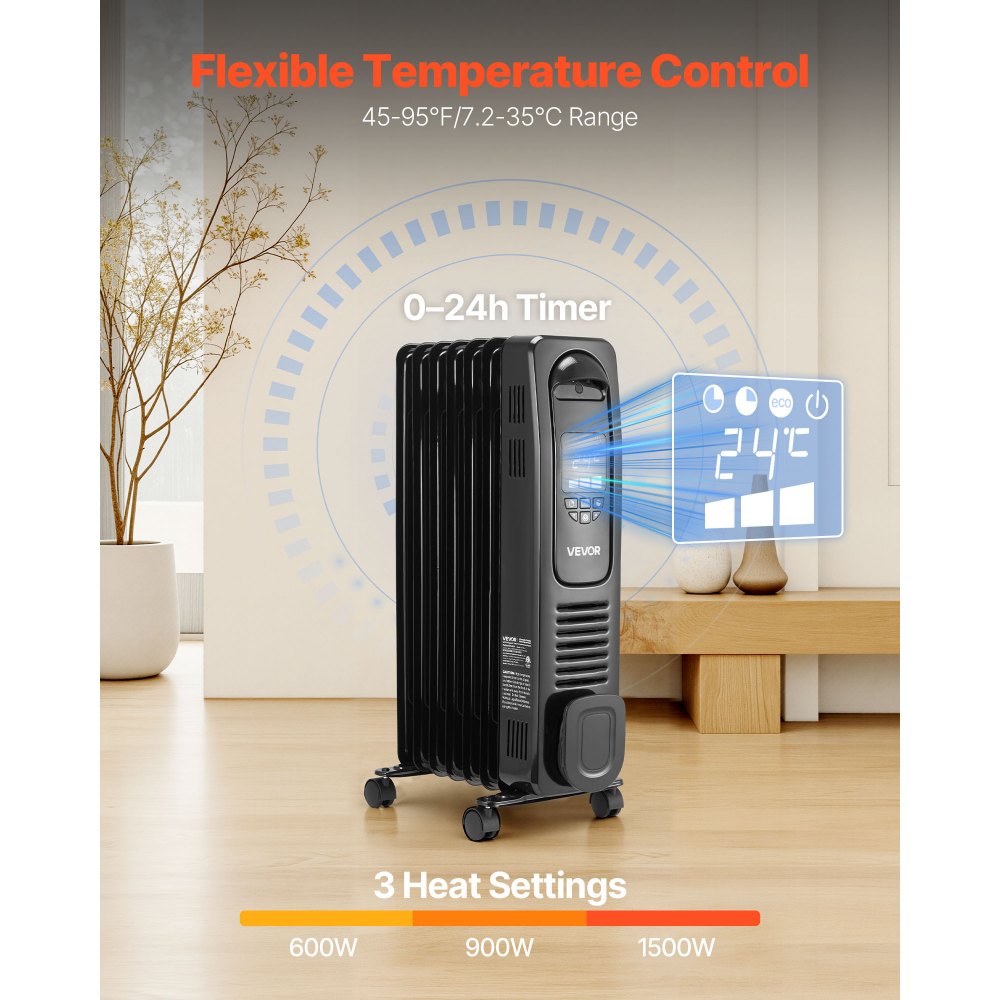 VEVOR Electric Oil Filled Radiator, 1500W Radiant Space Heater with LED ...