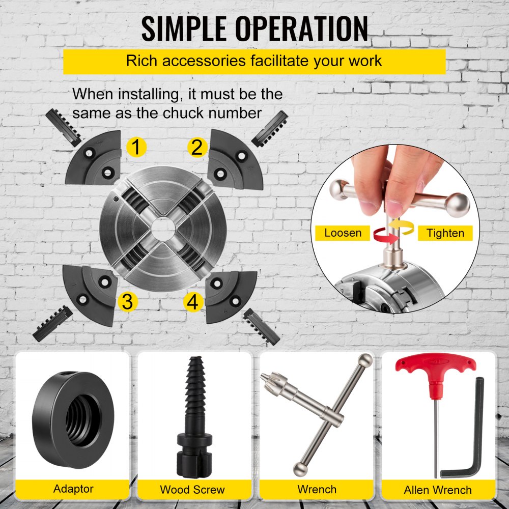 VEVOR 2.75-Inch Wood Lathe Chuck, 4-Jaw Precision Self-Centering Keyed ...