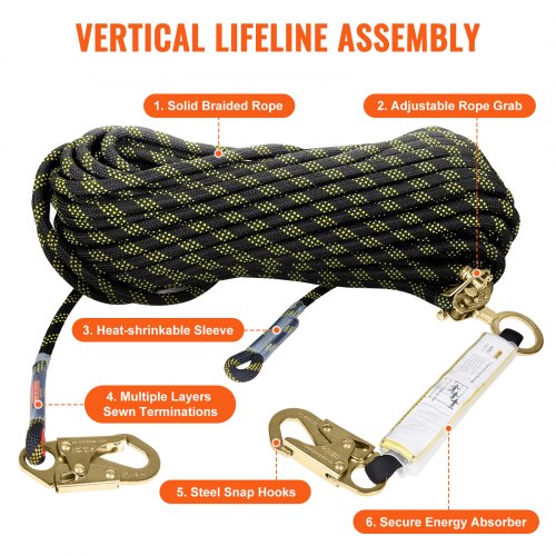 VEVOR Vertical Lifeline 150ft (45.7m) Outdoor Climbing Rope Black ...