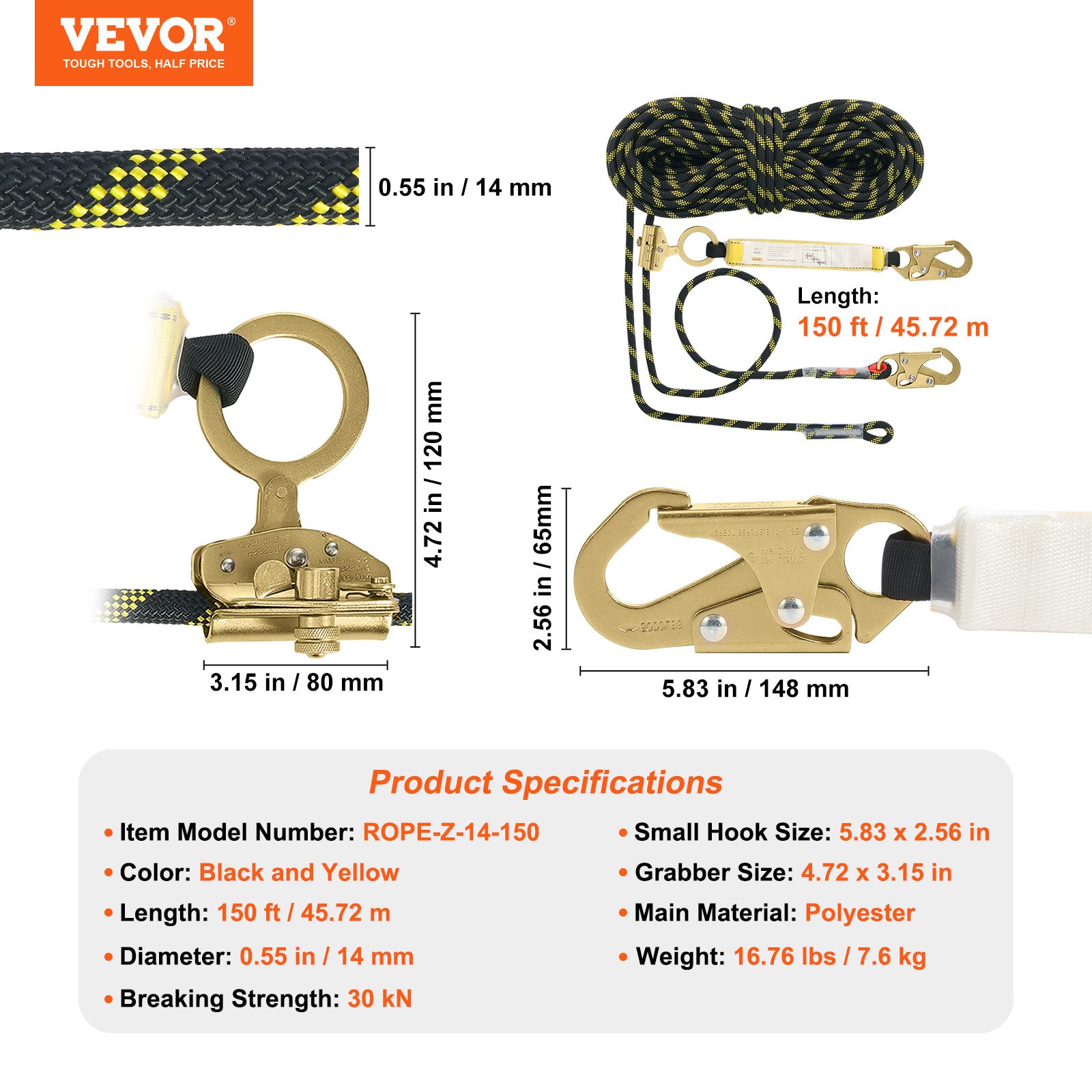 VEVOR Vertical Lifeline, 150ft (45.7m) Outdoor Climbing Rope 30KN ...