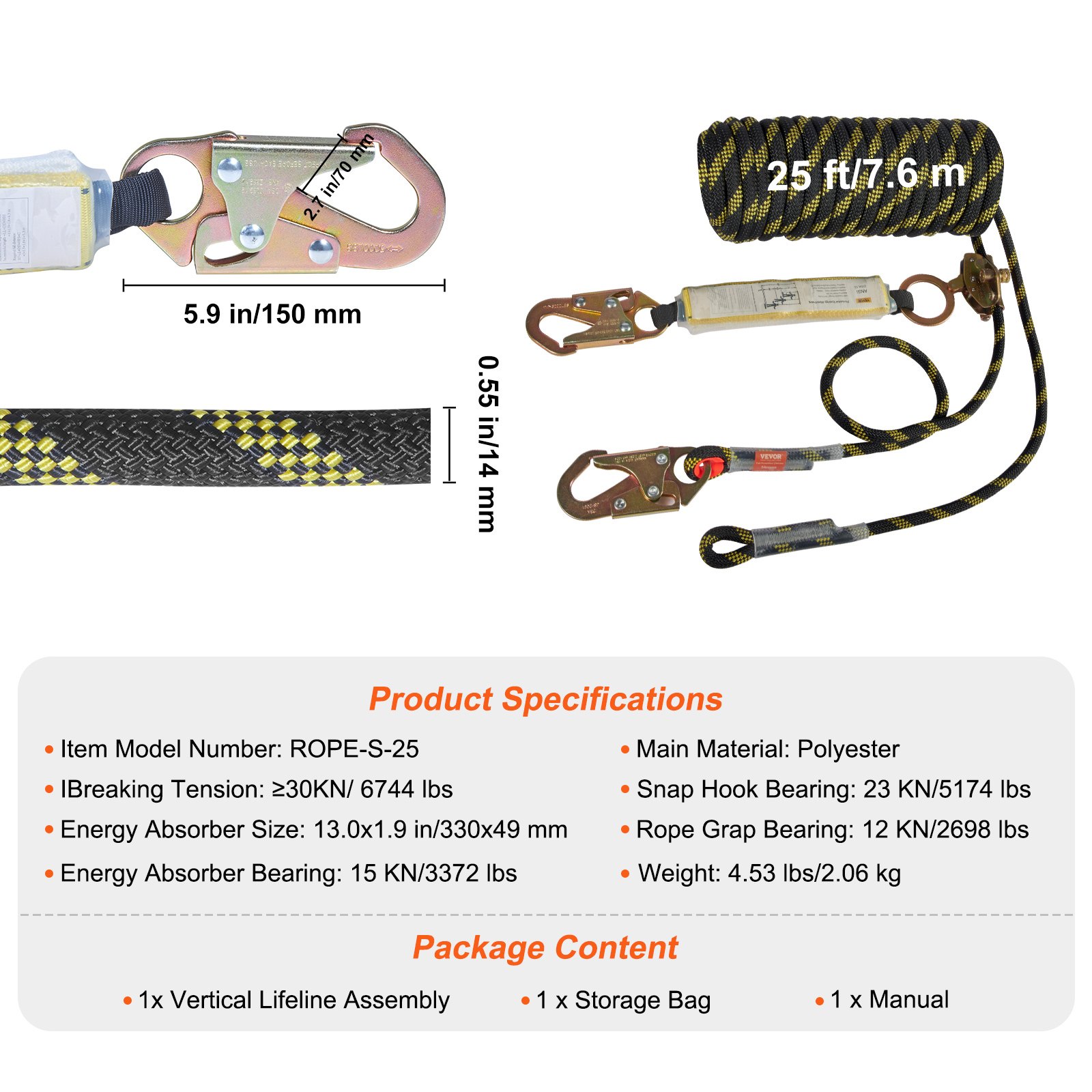 VEVOR Vertical Lifeline Assembly, 0.55'' x 25' Fall Protection Rope ...