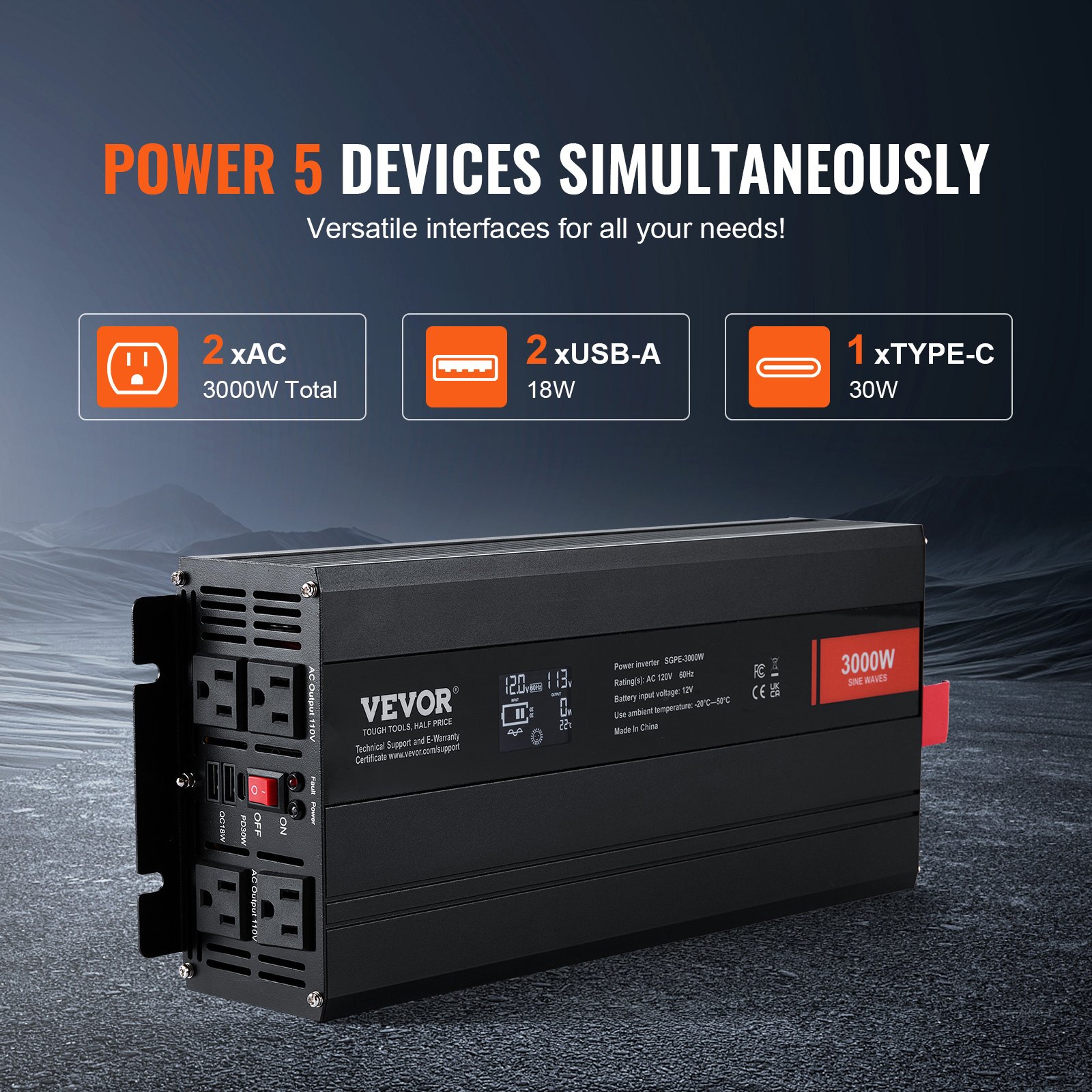 Large Inverters VEVOR Pure Sine Wave Inverter, 3000 Watt, DC 12V to AC 120V Power ...