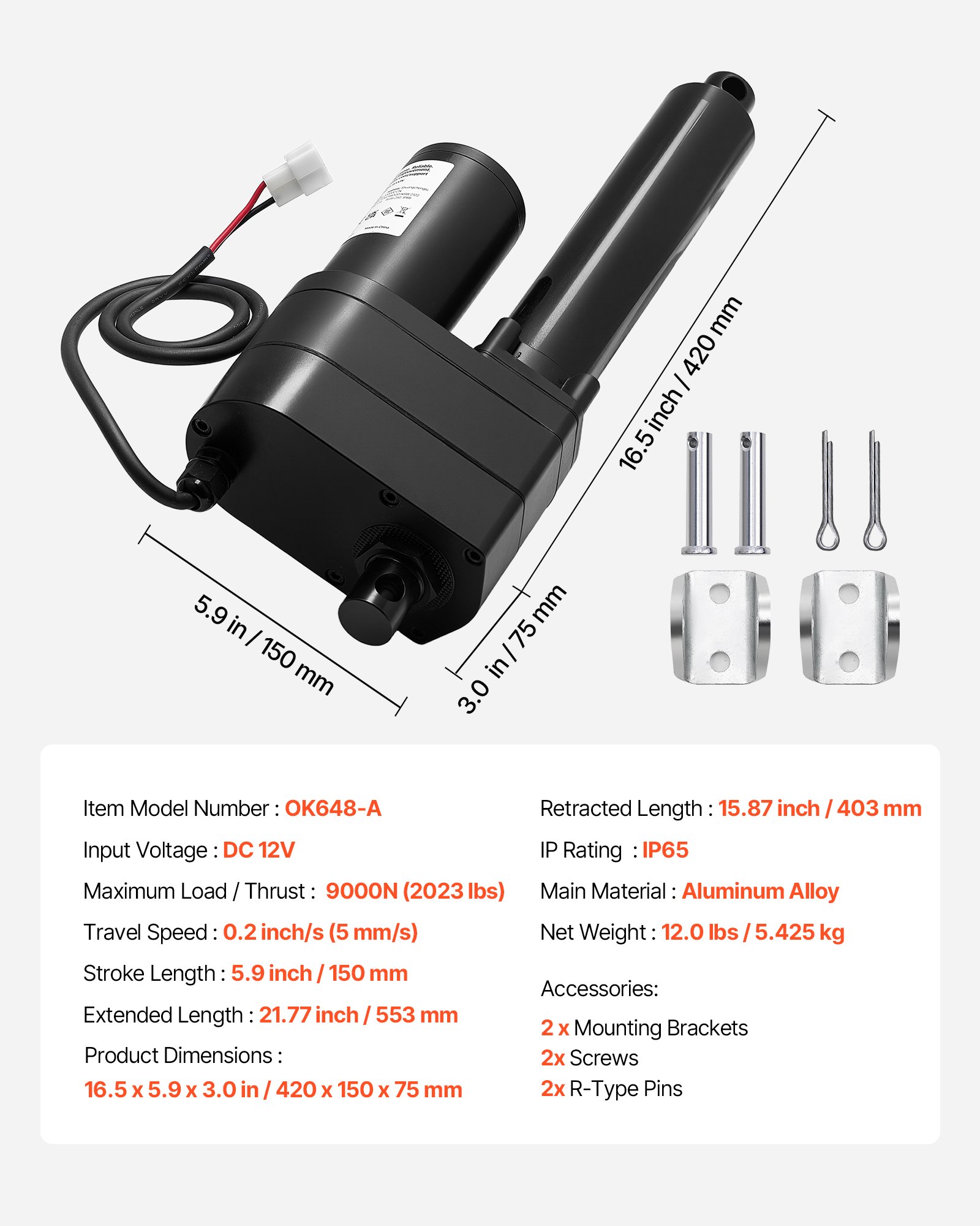 VEVOR Heavy Duty 12V Linear Actuator – 6