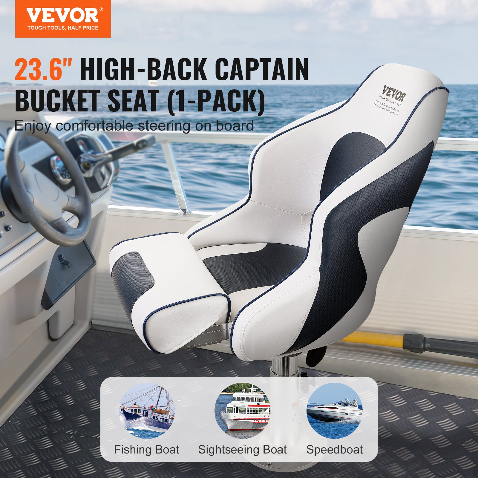 VEVOR Captain Bucket Seat Boat Seat, Flip Up Boat Seat, with Thickened