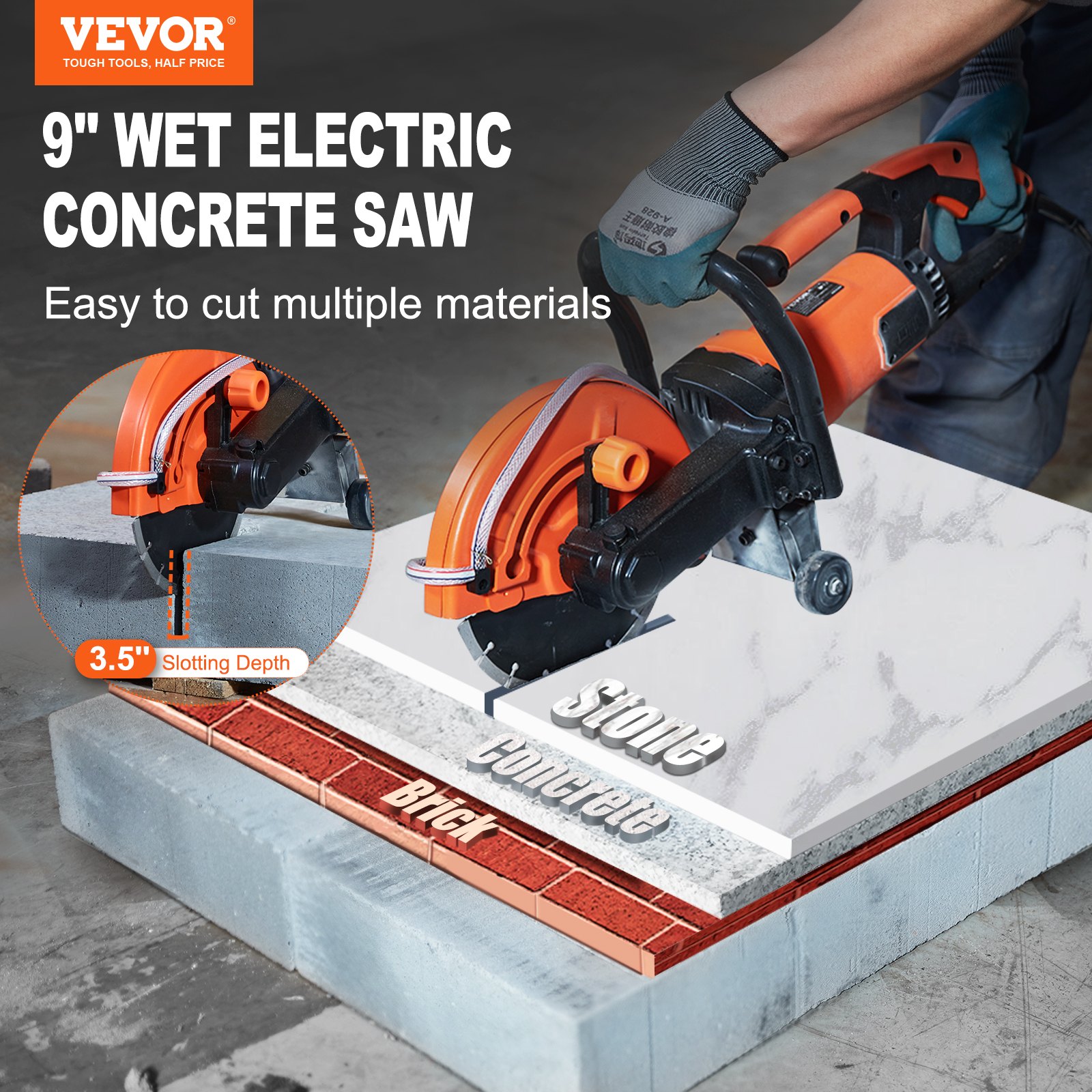 VEVOR Electric Concrete Saw, 9 in, 1800 W 15 A Motor Circular Saw