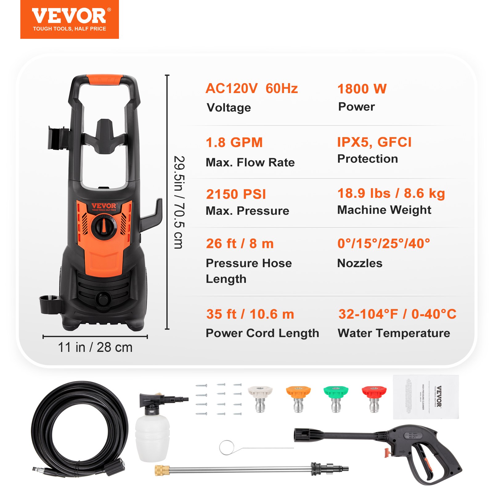 VEVOR Electric Pressure Washer, 2150 PSI, Max. 1.8 GPM, 1800W Power ...