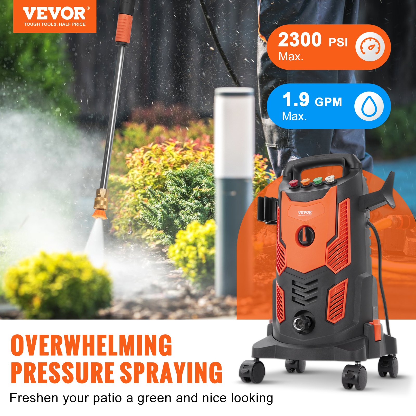 VEVOR Electric Pressure Washer, 2300 PSI, Max. 1.9 GPM, 1900W Power ...