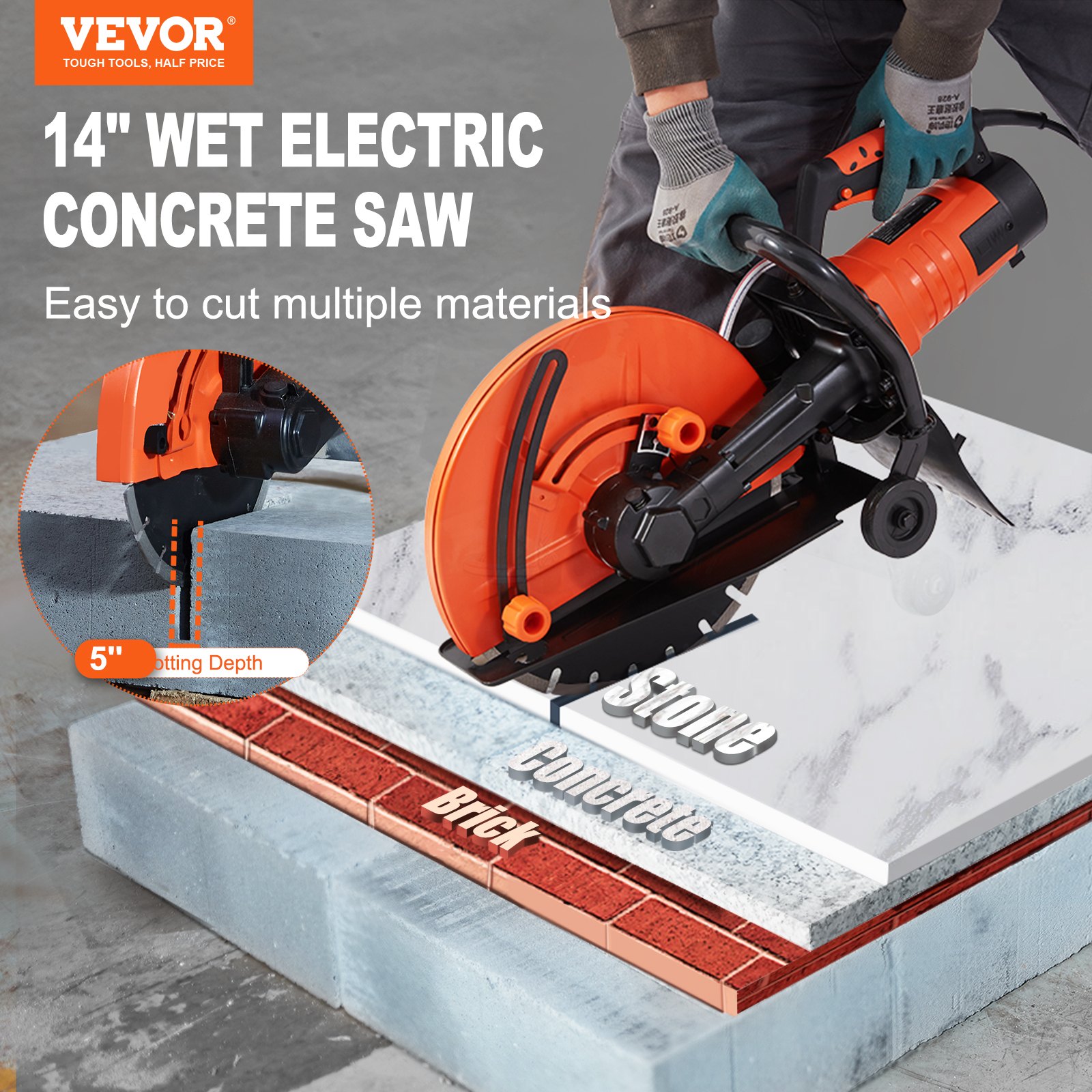 VEVOR Electric Concrete Saw, 14 in Circular Saw Cutter with 5 in