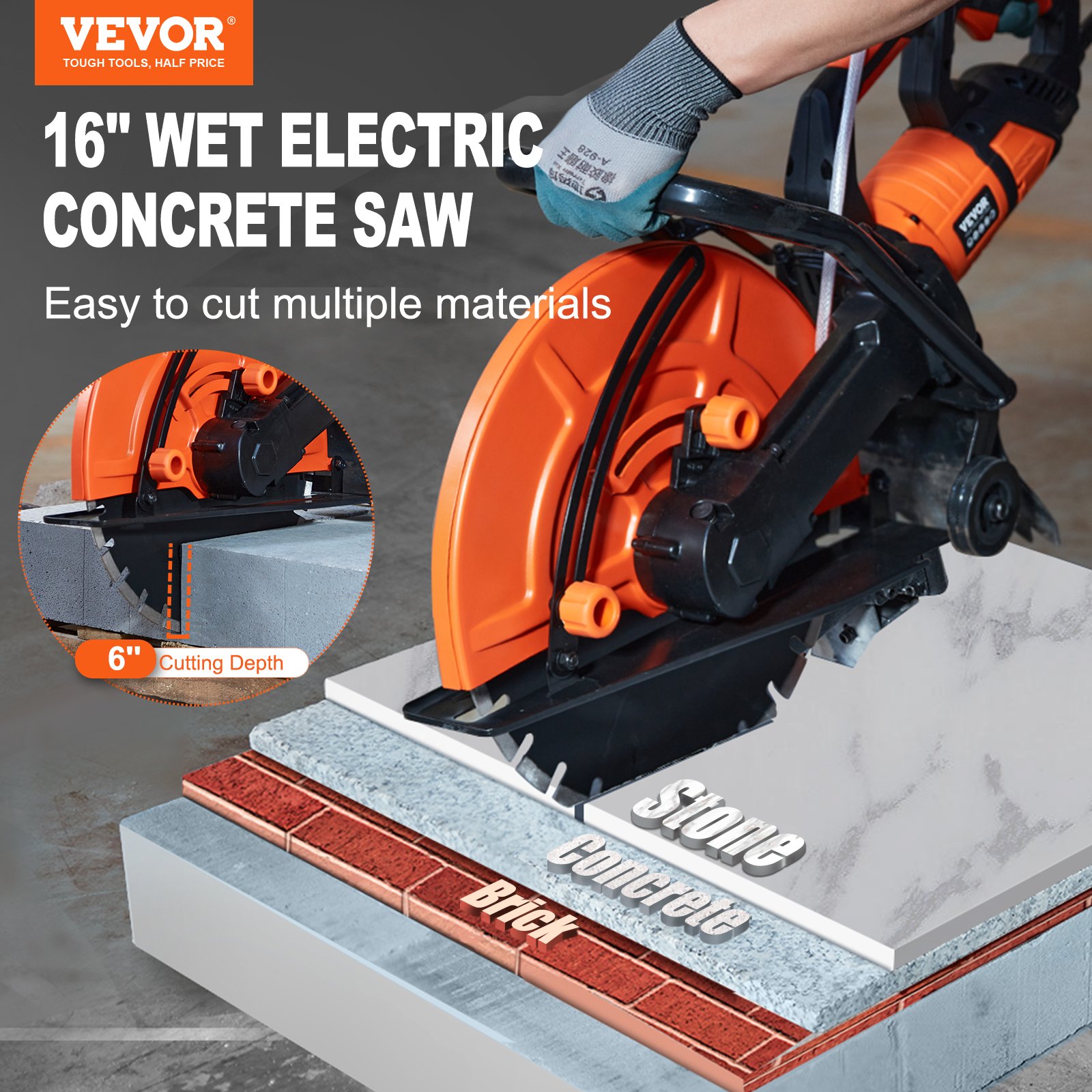 VEVOR Electric Concrete Saw, 16 in, 3200 W 15 A Motor Circular Saw