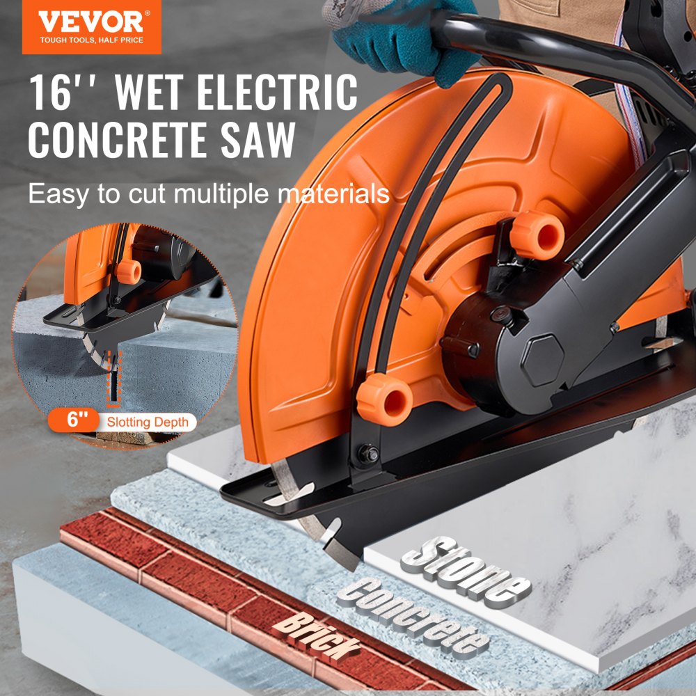 VEVOR Electric Concrete Saw 16 in 2800 W 15 A Motor Circular Saw Cutter with Max. 6 in Adjustable Cutting Depth Wet Disk Saw Cutter Includes Water