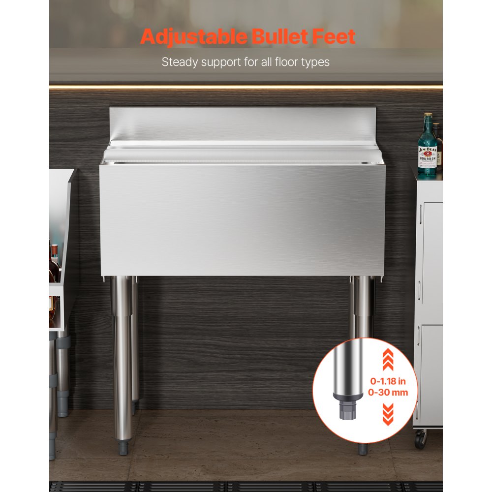 Komerční nádoba na led, nádoba na led pod bar, 78,4 l, nerezová chladicí nádoba na led 30 x 19 x 37 palců s posuvným víkem, držáky na lahve, nastavitelné kulové nožičky, chladicí vozík na koktejly pro bar, restauraci, hospodu - miniatura 4