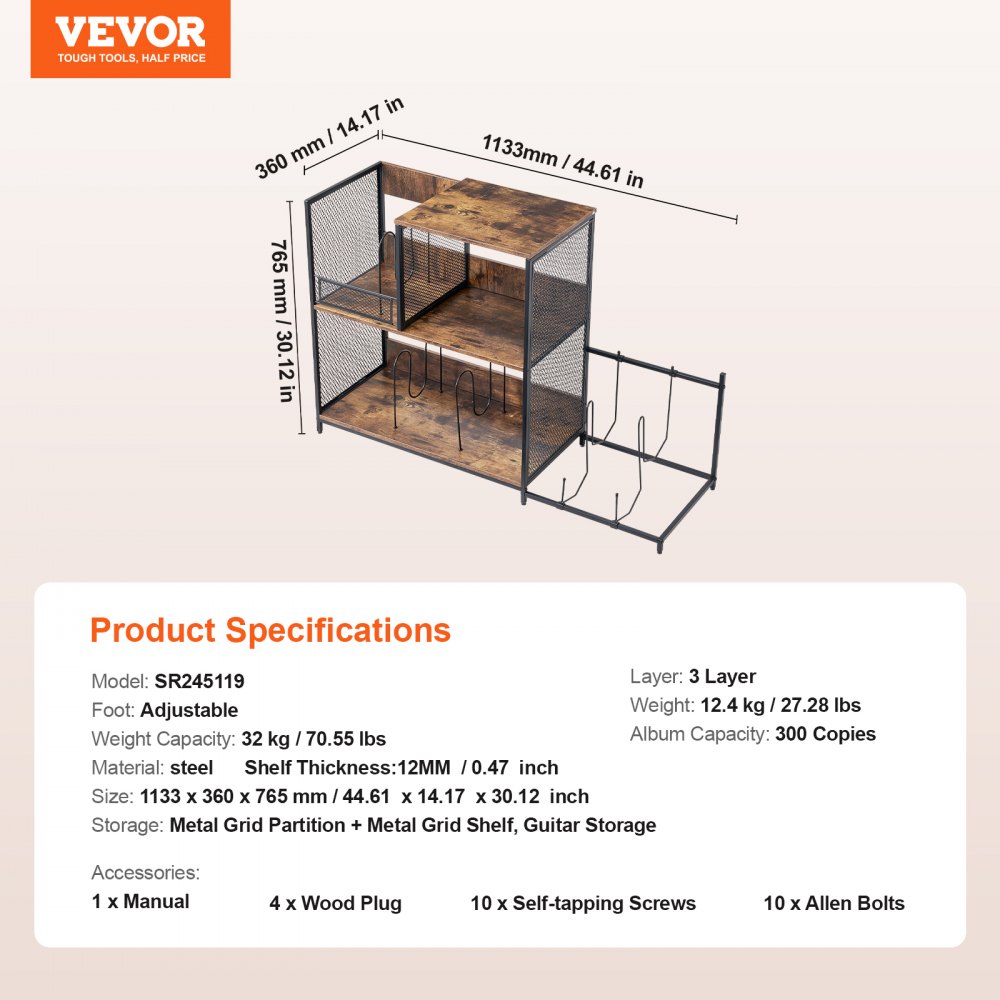 3patrový stojan na gramofon s držákem na kytaru, stojan na gramofon s úložným prostorem až pro 300 alb, skříňka na vinylové desky s kovovým síťovaným rámem do obývacího pokoje, ložnice, černá - miniatura 7