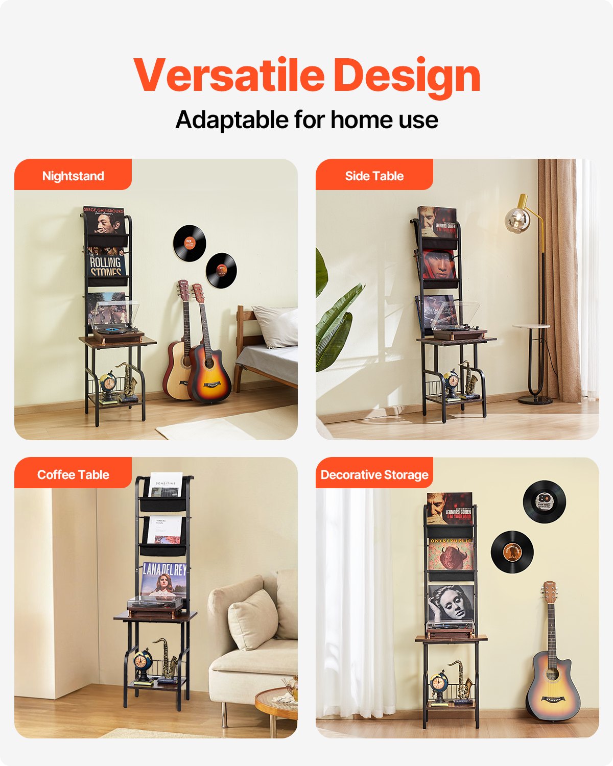 VEVOR Tall Record Player Stand — USB Charging & Storage