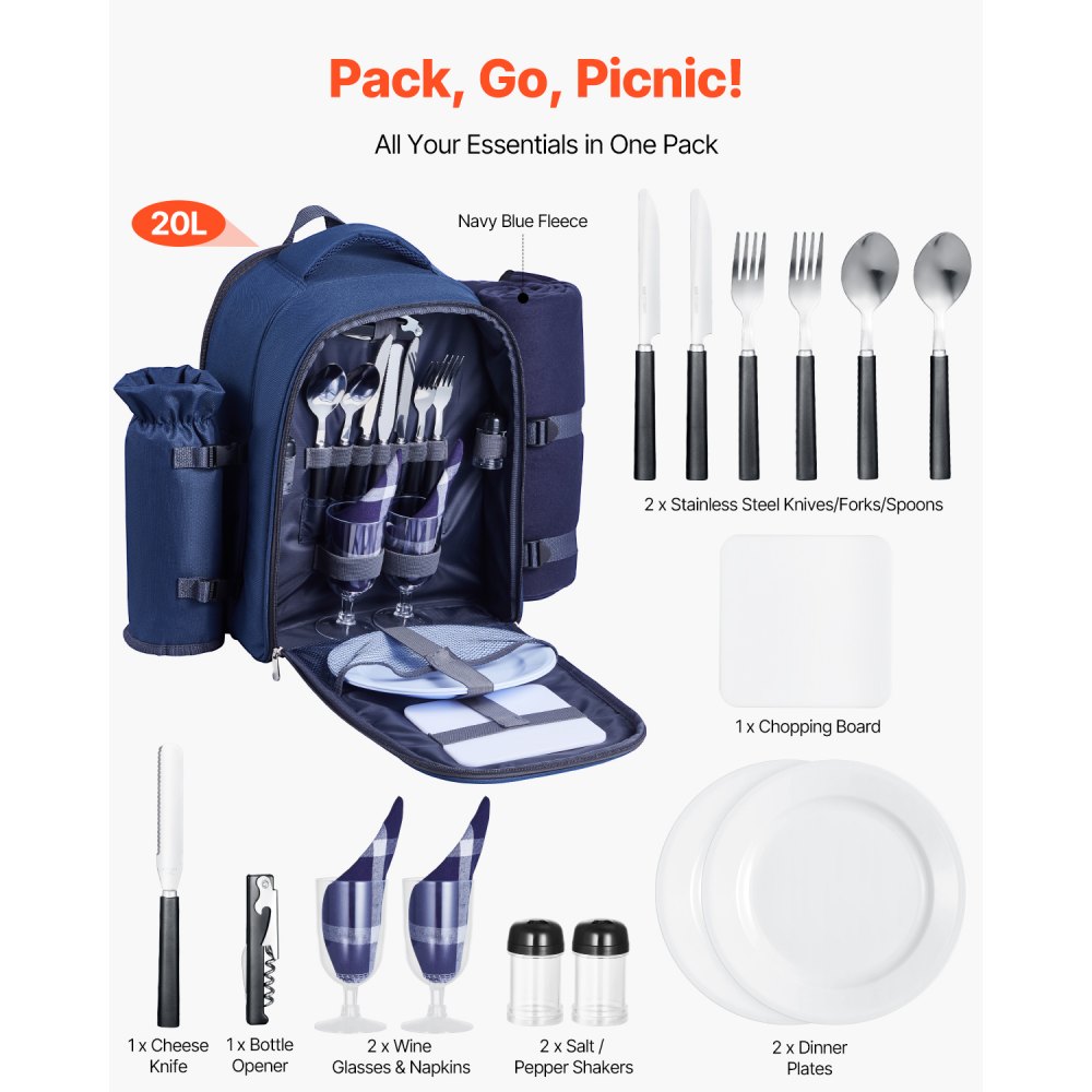 VEVOR Hiking Picnic Backpack – 2-Person Cooler, Navy