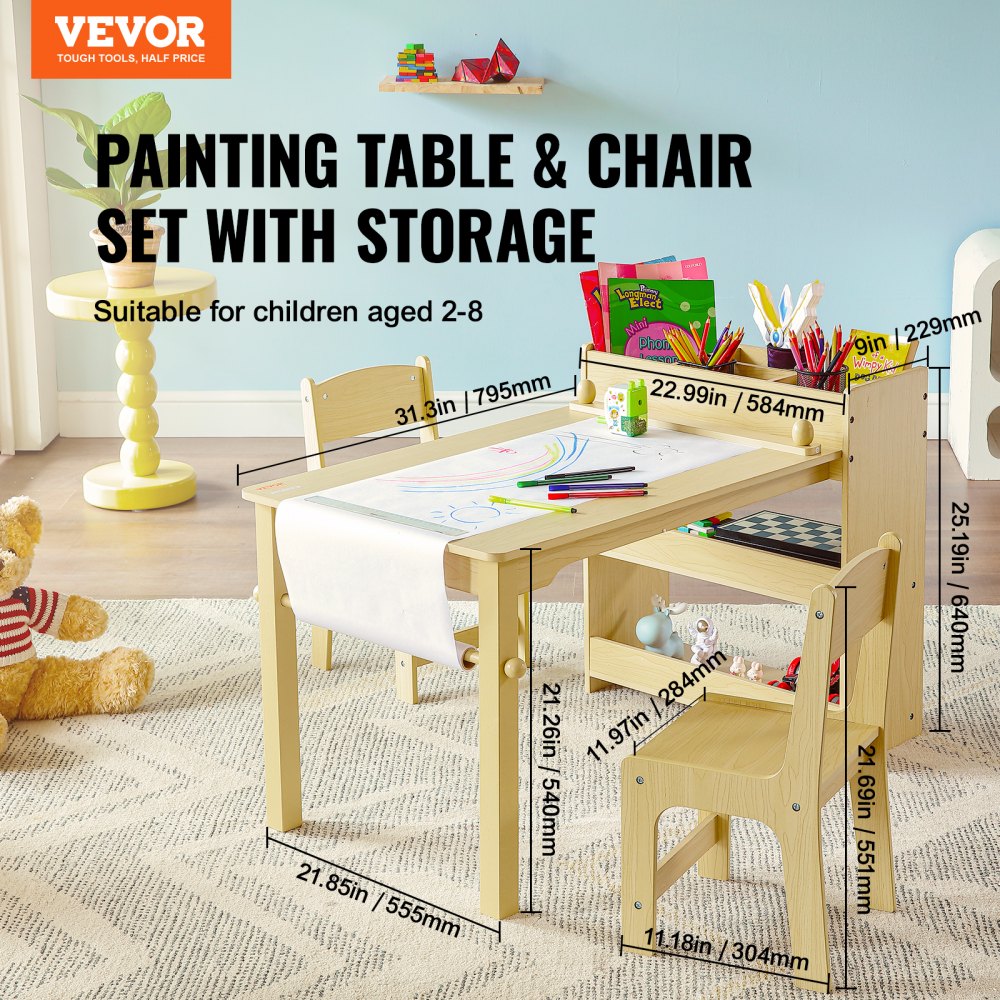 VEVOR Kids Art Table and 2 Chairs, 2-in-1 Toddler Craft and Play ...