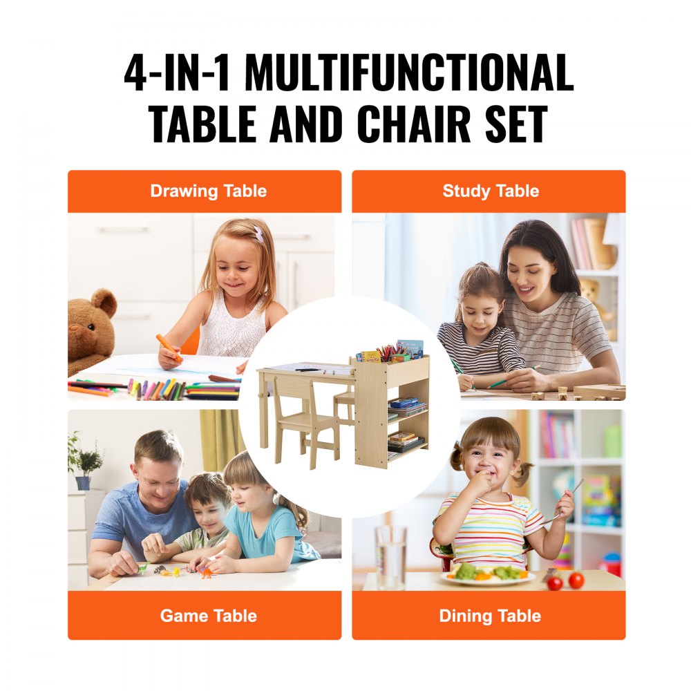 VEVOR Kids Art Table and 2 Chairs, 2-in-1 Toddler Craft and Play ...