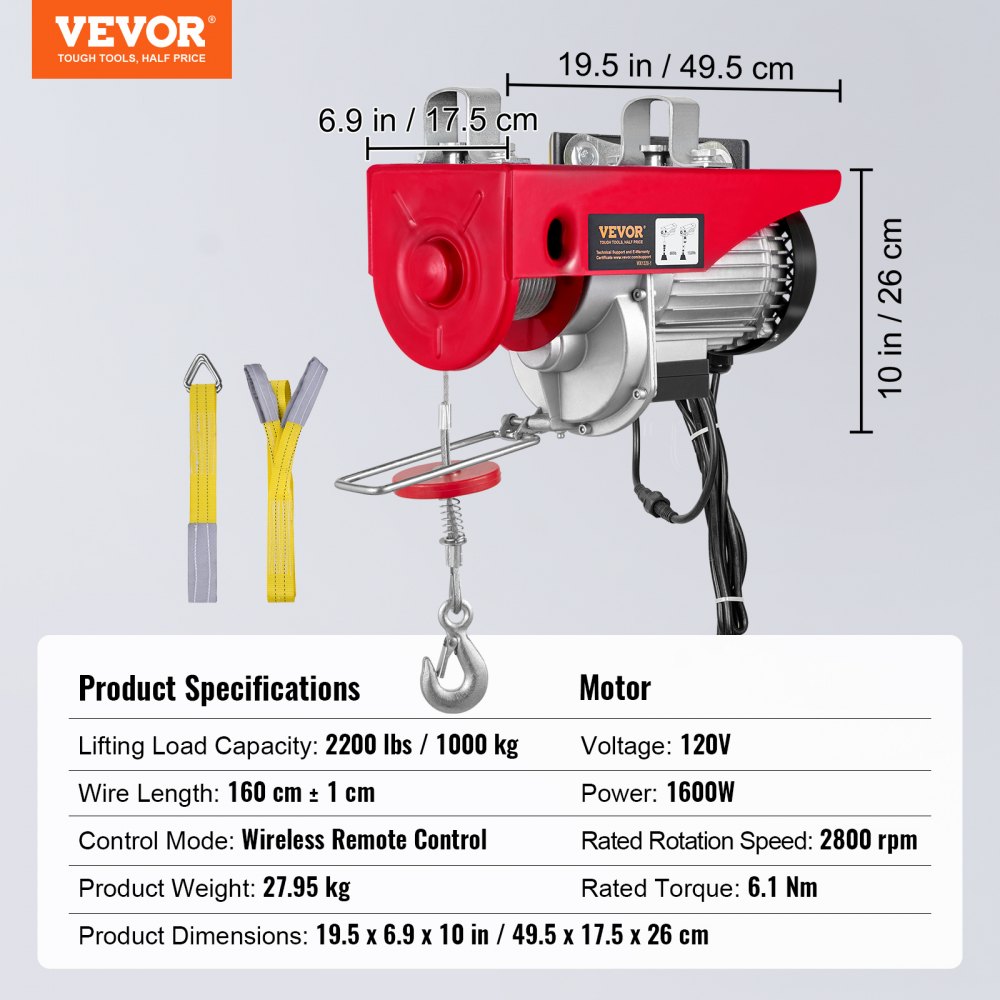 VEVOR Electric Hoist, 2200 lbs Lifting Capacity, 1600W 110V Electric
