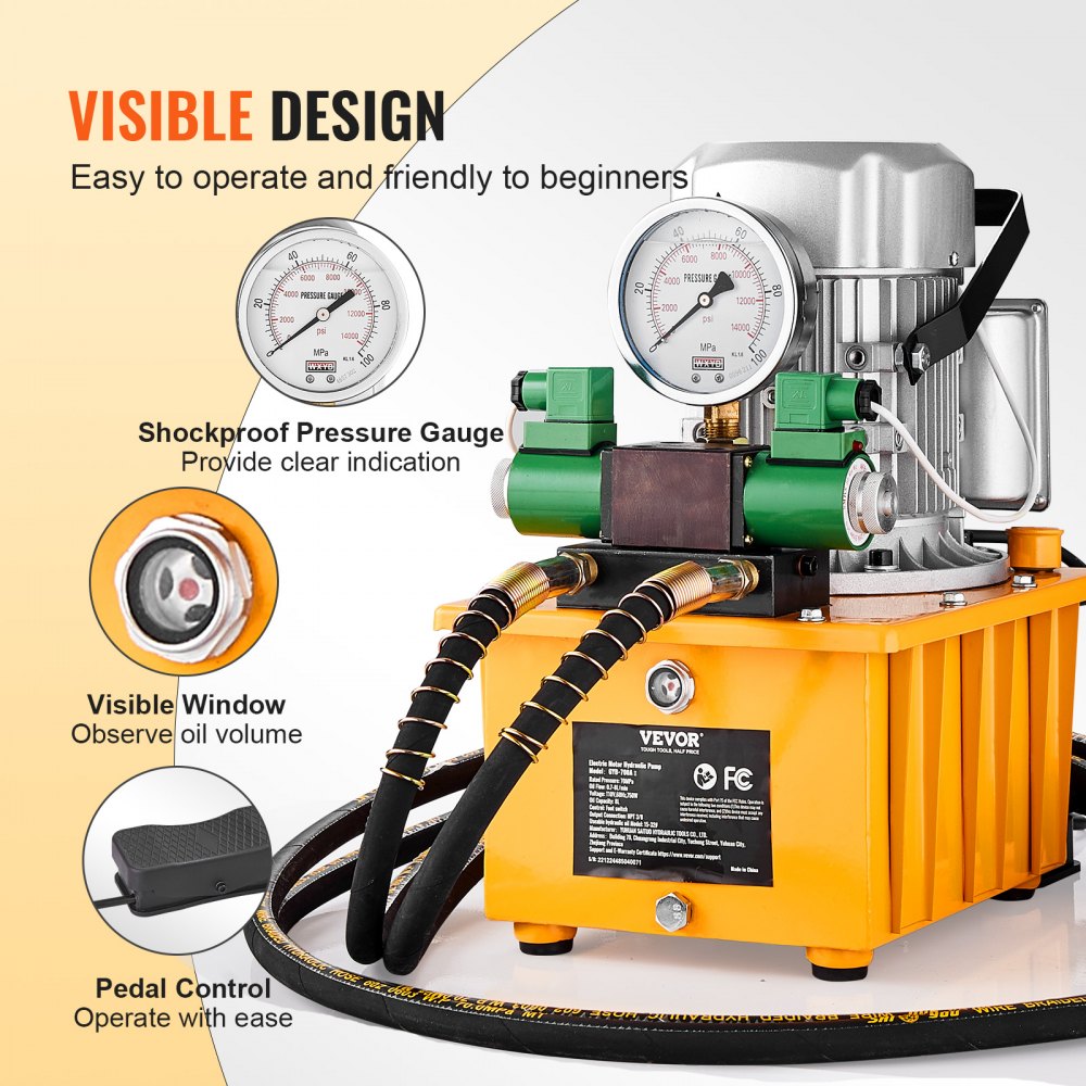 VEVOR Electric Hydraulic Pump, 10000 PSI 750W 110V 488 in³/8L Capacity